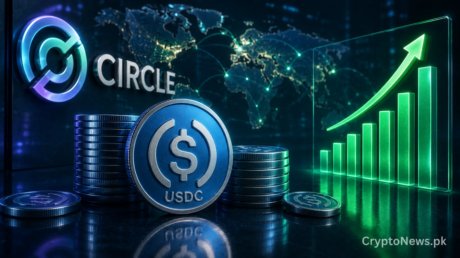 USDC growth concept showing a silver stablecoin, institutional validator network and expanding blockchain infrastructure, reflecting Circle’s strong Q2 revenue and Arc rollout.