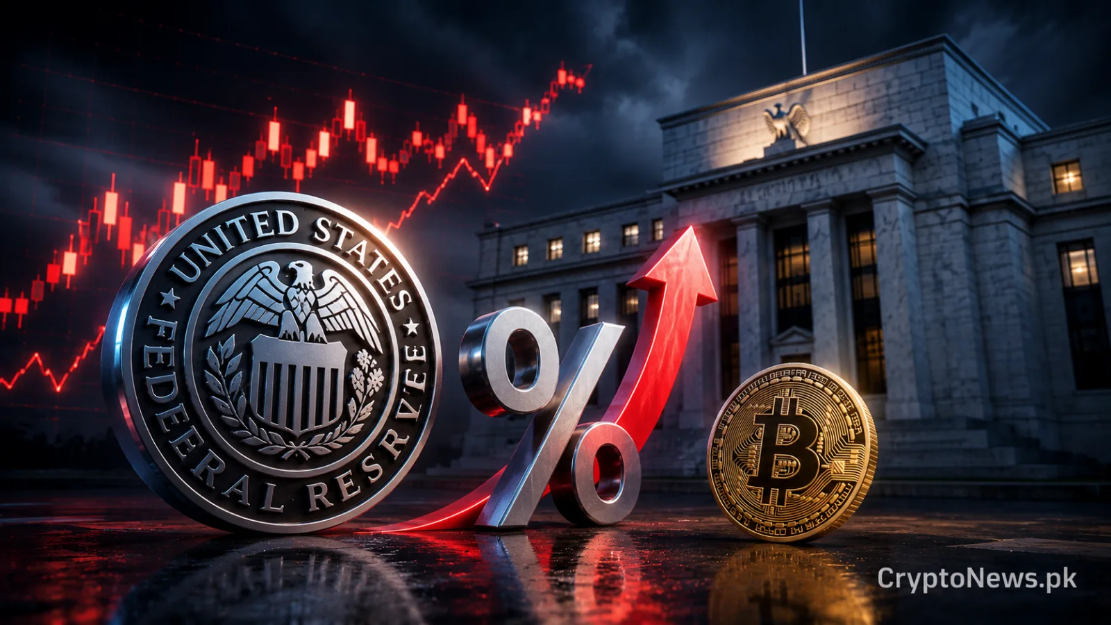 Metallic Bitcoin and rising interest-rate indicator signal market uncertainty over a potential surprise Federal Reserve hike.