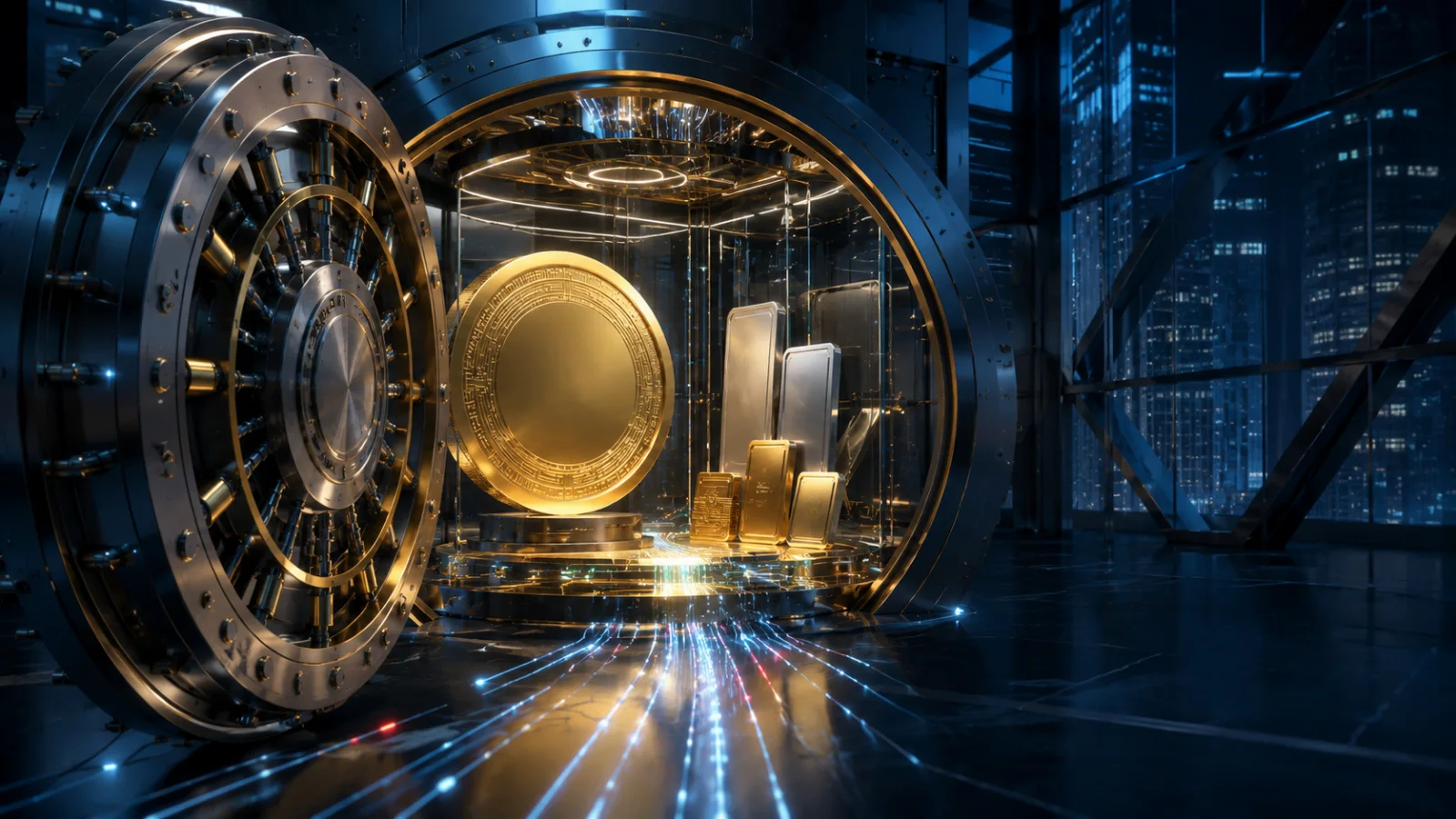 Institutional Bitcoin secured alongside traditional assets in a bank-grade custody vault.