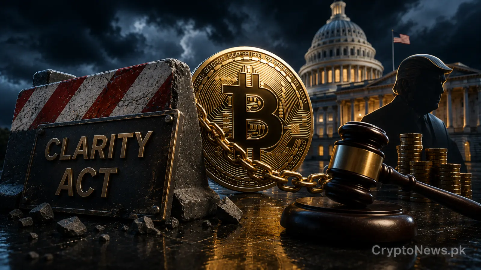 Bitcoin chained behind a CLARITY Act barrier as political ethics concerns stall U.S. crypto legislation.