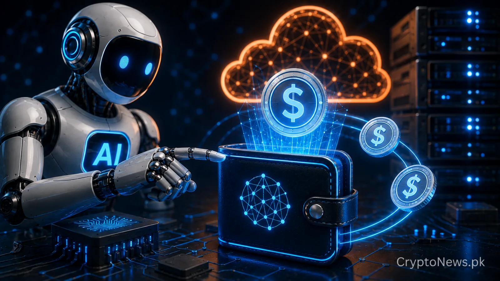 AI agent connected to a secure stablecoin wallet and cloud network, illustrating Cloudflare’s infrastructure for autonomous machine-to-machine payments.