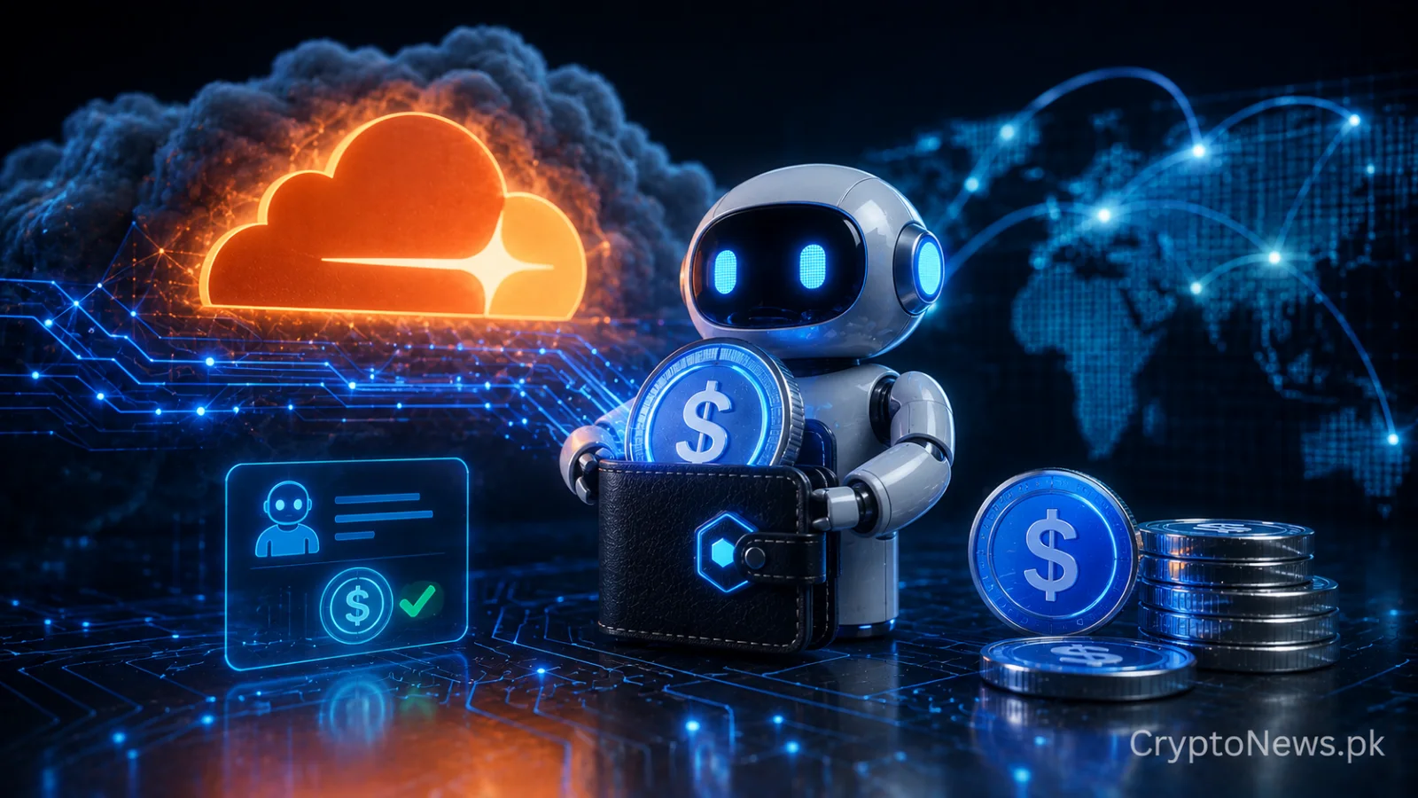 AI agent wallet connected to glowing stablecoins and cloud infrastructure, illustrating Cloudflare’s programmable wallets for autonomous payments.