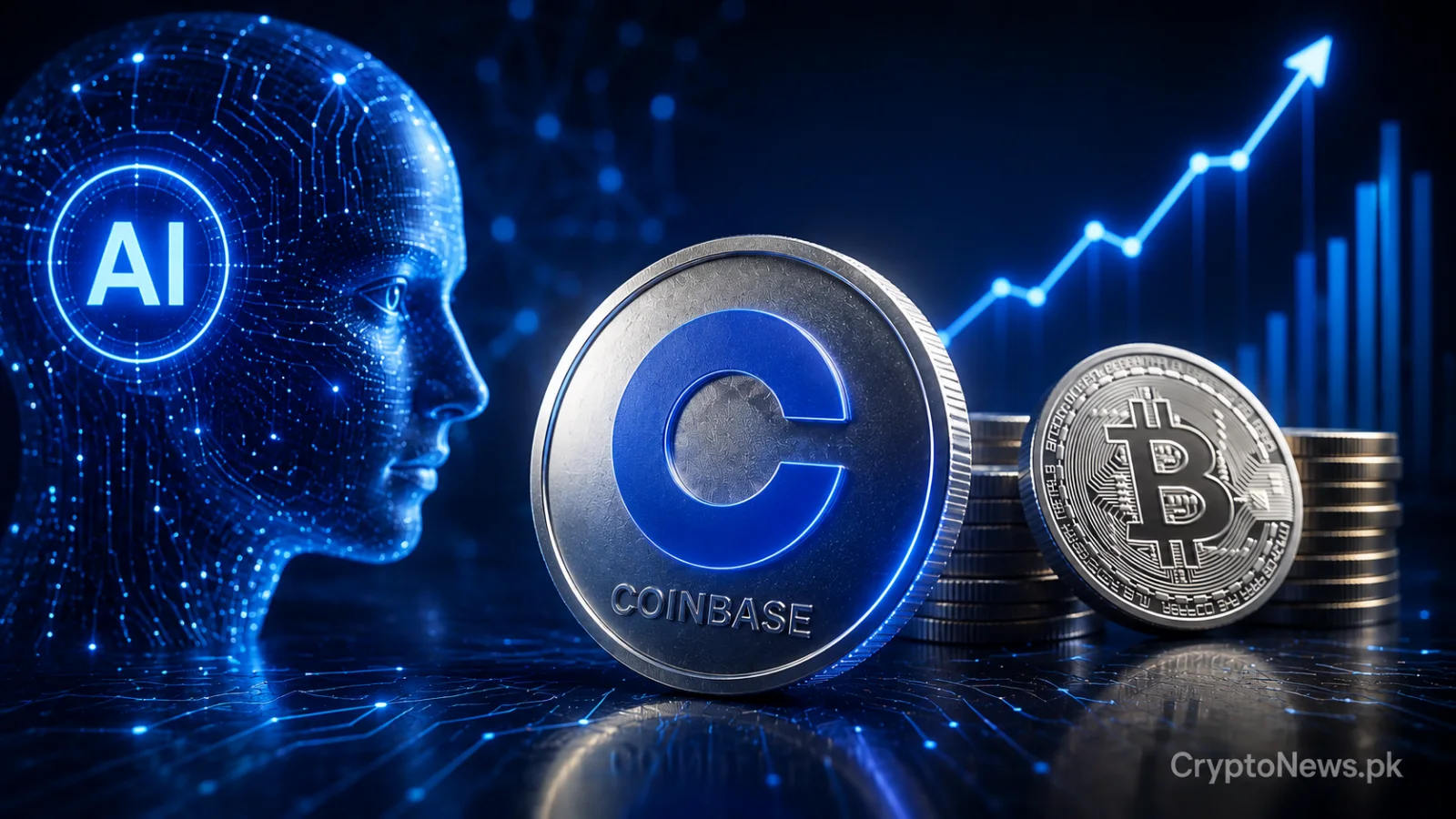 Futuristic USDC coin fused with an AI processor, symbolizing Coinbase’s vision for autonomous agents using blockchain payments.