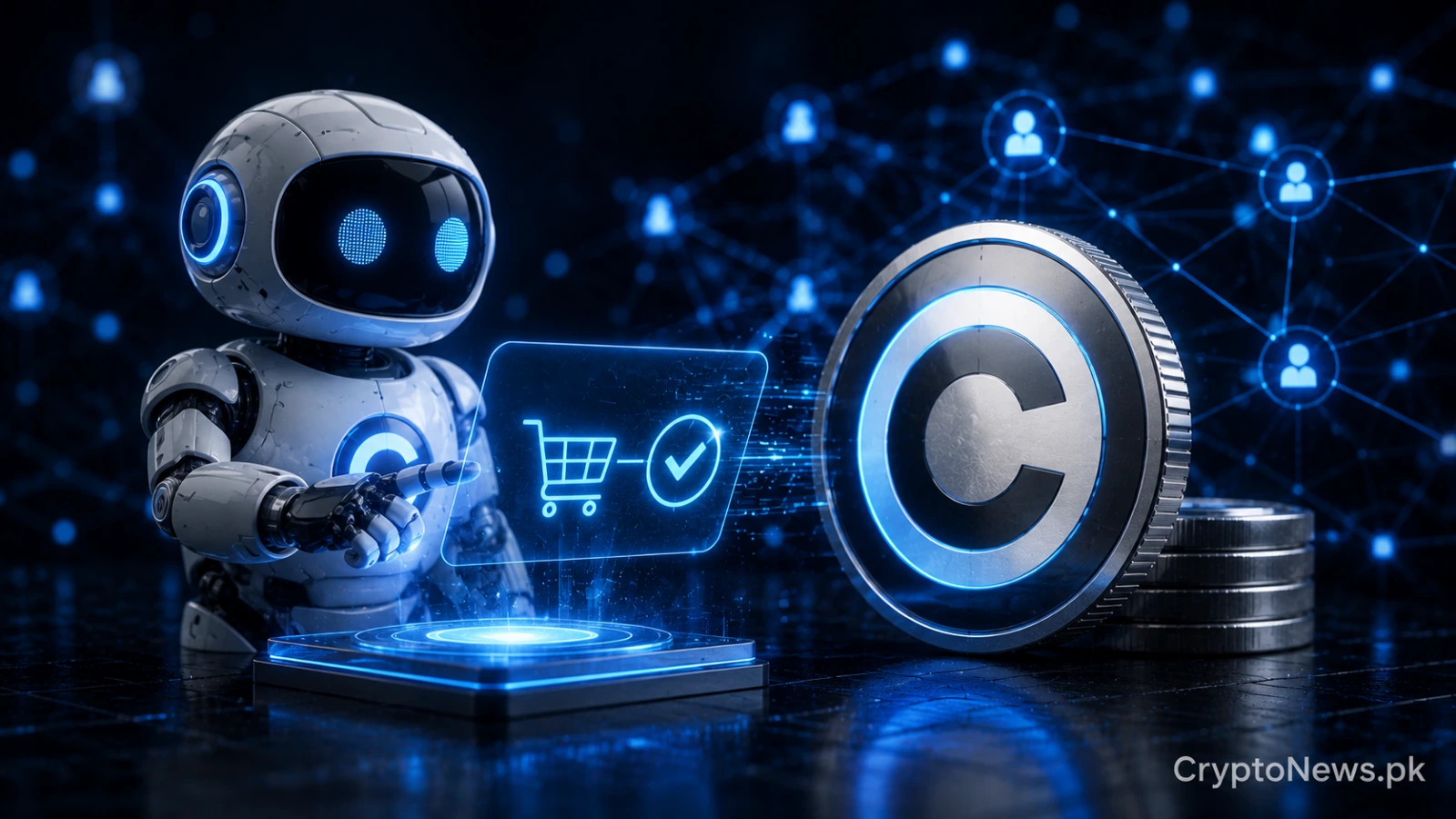 A chrome AI core authorizing an autonomous blockchain payment through a glowing digital wallet, representing Coinbase’s x402 machine-to-machine payment protocol