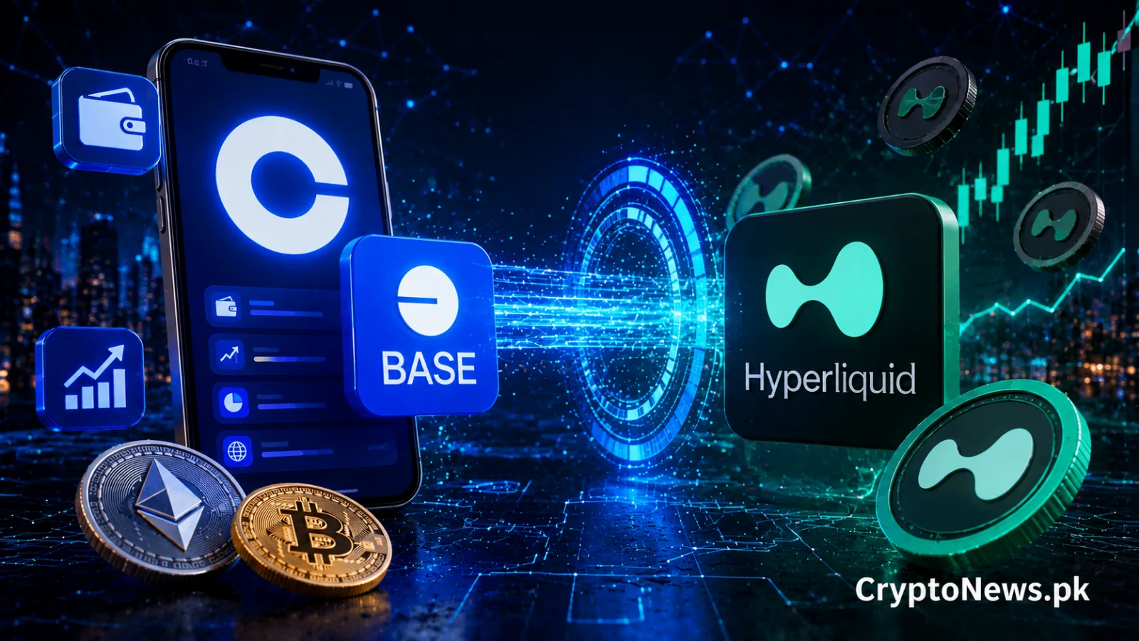 Coinbase Base app connected to Hyperliquid derivatives trading, illustrating expanded access to perpetual futures and decentralized market liquidity.