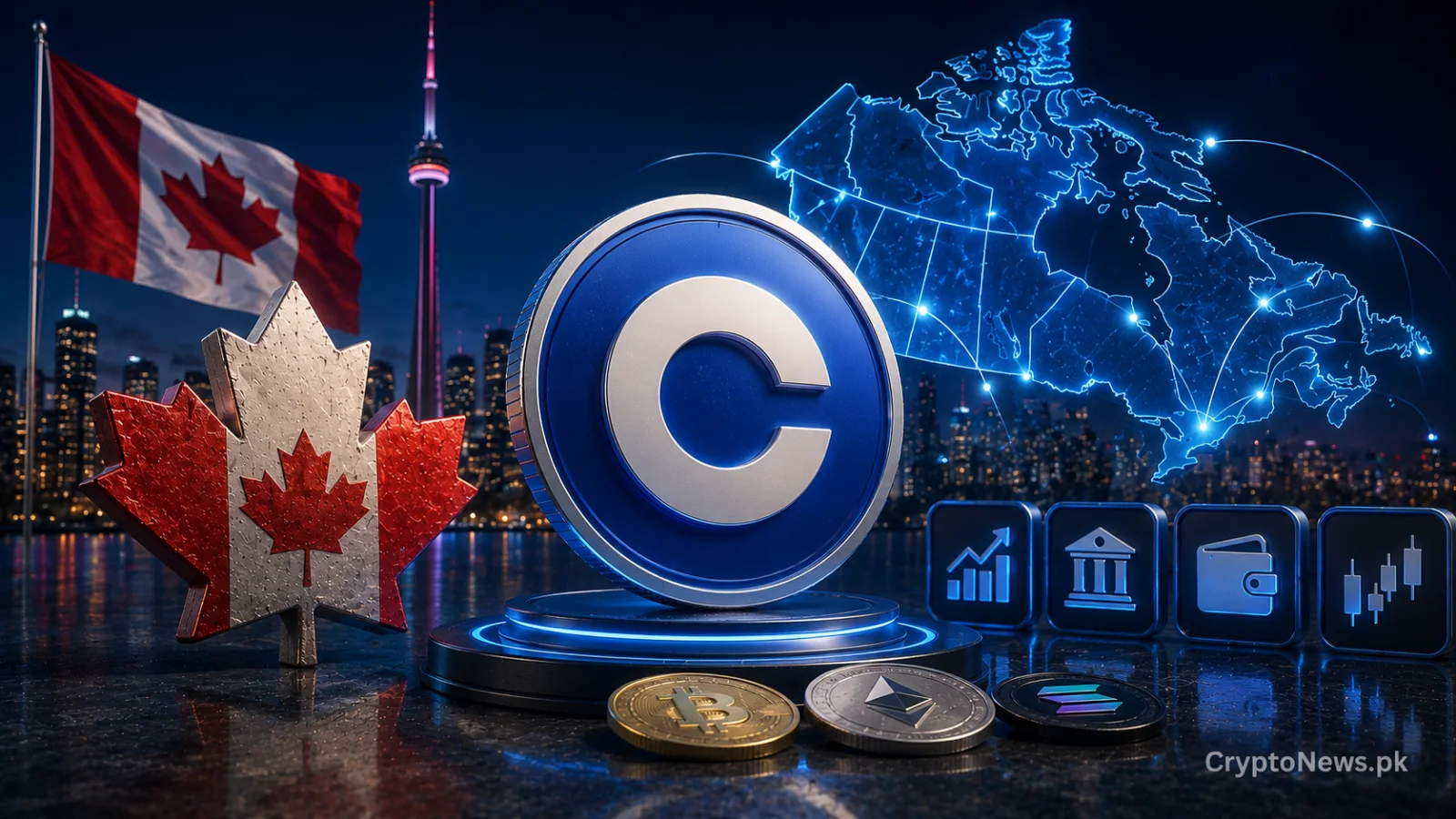 Blue exchange token with Canadian symbols and multiple financial asset icons, representing Coinbase’s planned everything exchange expansion in Canada.