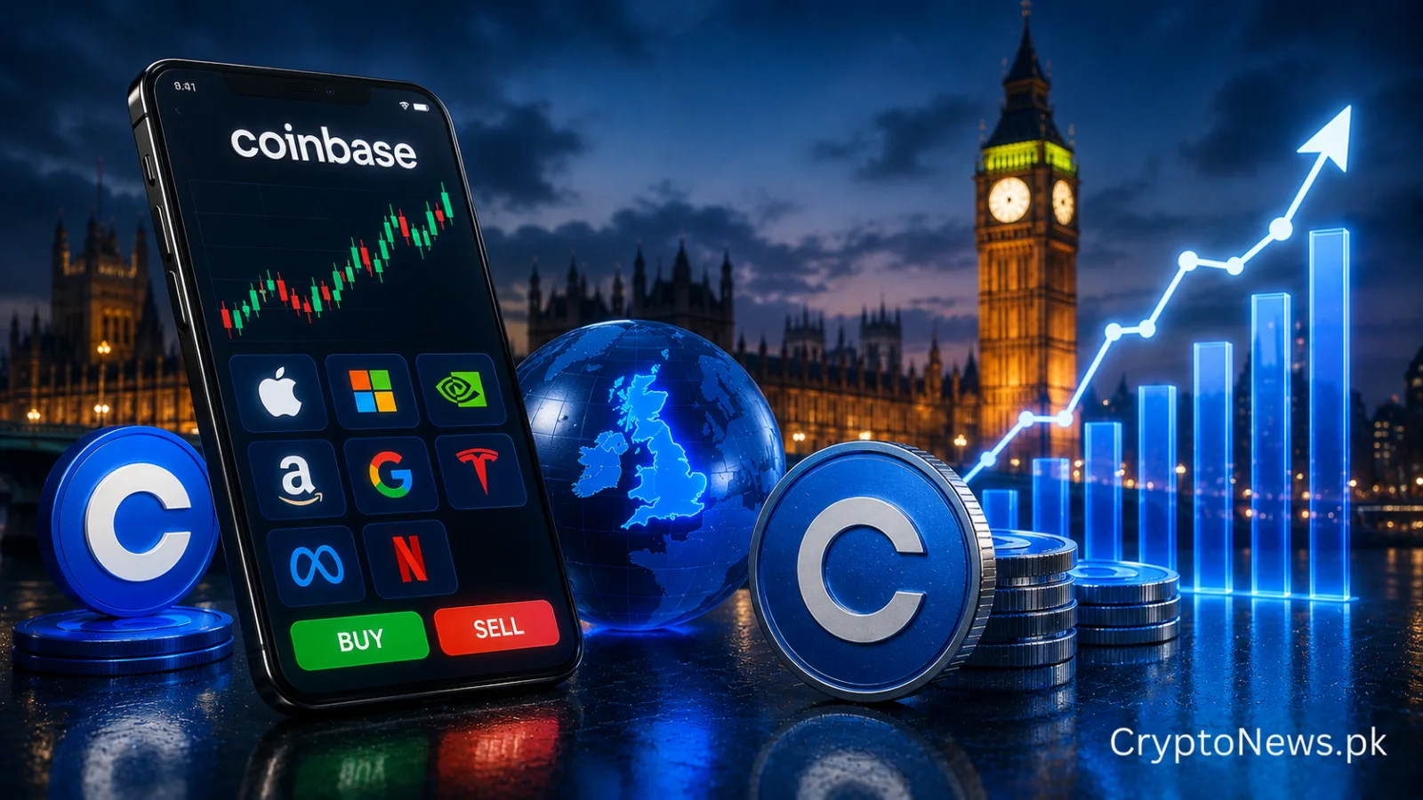 Coinbase-style trading interface bridging UK investors with extended-hours US stock markets, illustrating the exchange’s expansion beyond crypto.