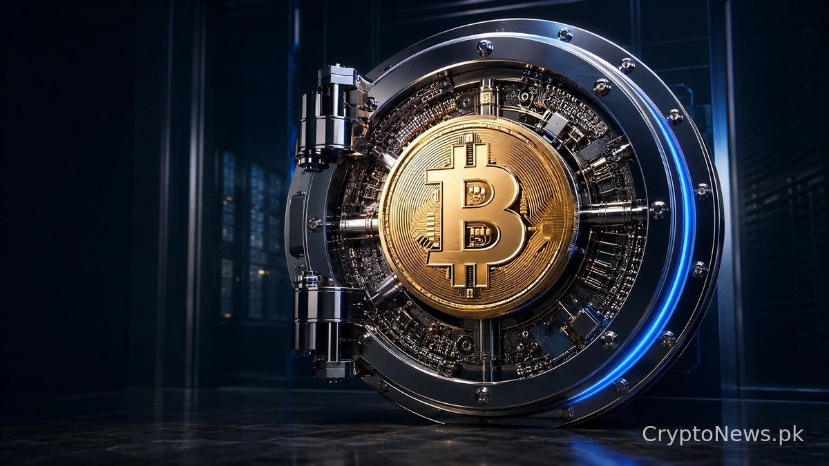 CoinShares کے ریگولیٹڈ UCITS مائننگ ETF پلیٹ فارم کی نمائندگی کرنے والا ایک گولڈ بٹ کوائن سکہ جو ایک ادارہ جاتی والٹ میں نصب ہے۔