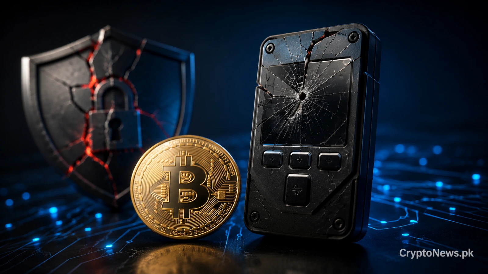 Cracked hardware wallet security shield beside a metallic Bitcoin coin, symbolizing the Coldcard vulnerability and crypto audit failures.