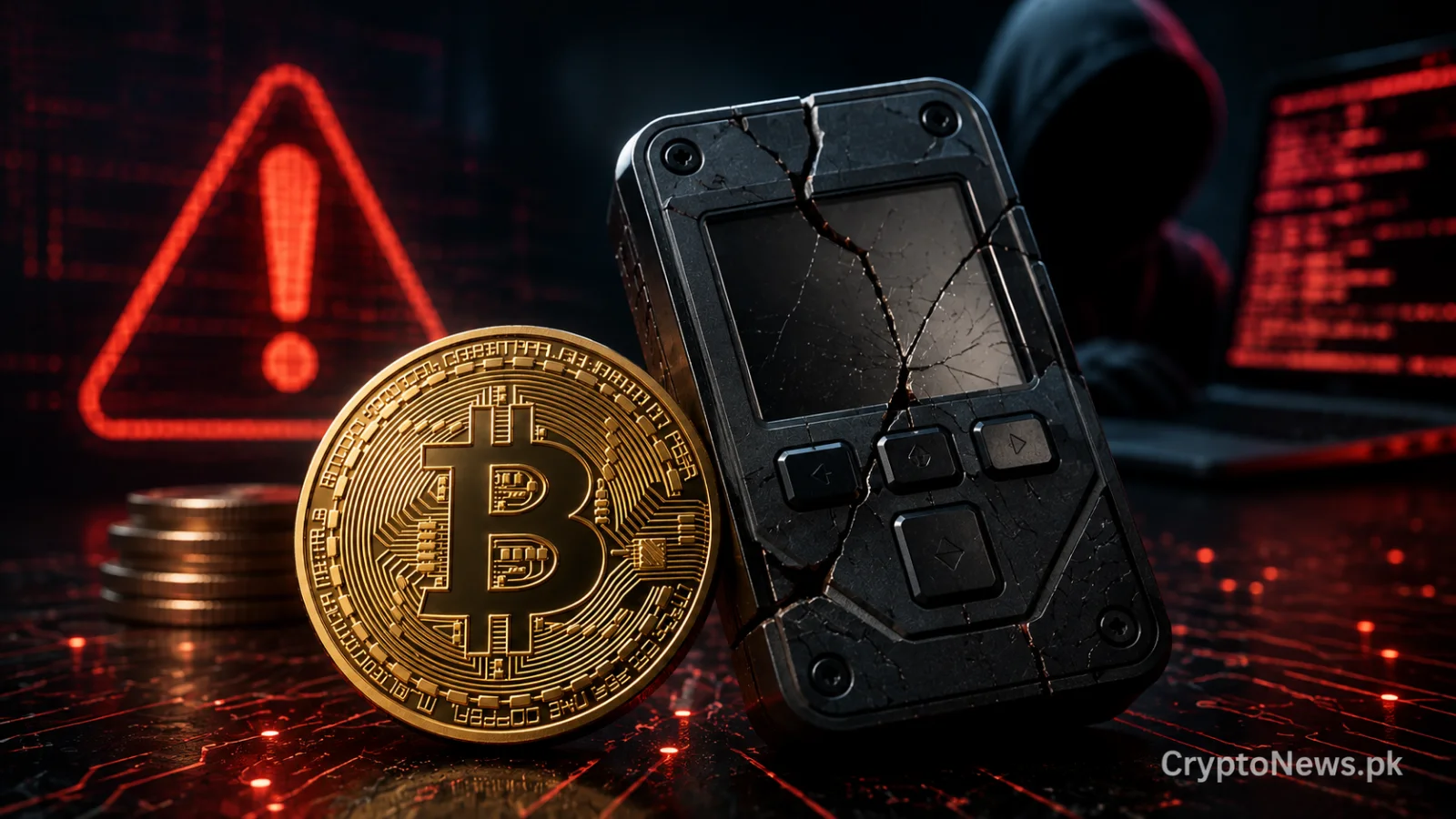 Cracked Coldcard hardware wallet beside a gold Bitcoin coin, illustrating coordinated exploits that reportedly targeted 389 BTC