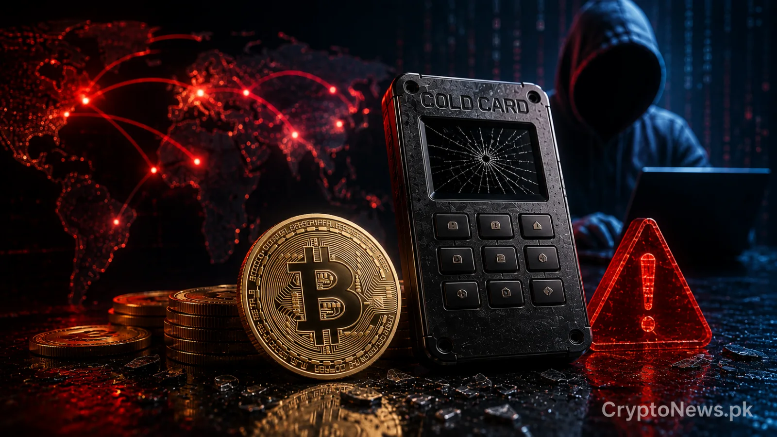 Cracked hardware wallet surrounded by four attack waves and exposed Bitcoin private-key circuitry.