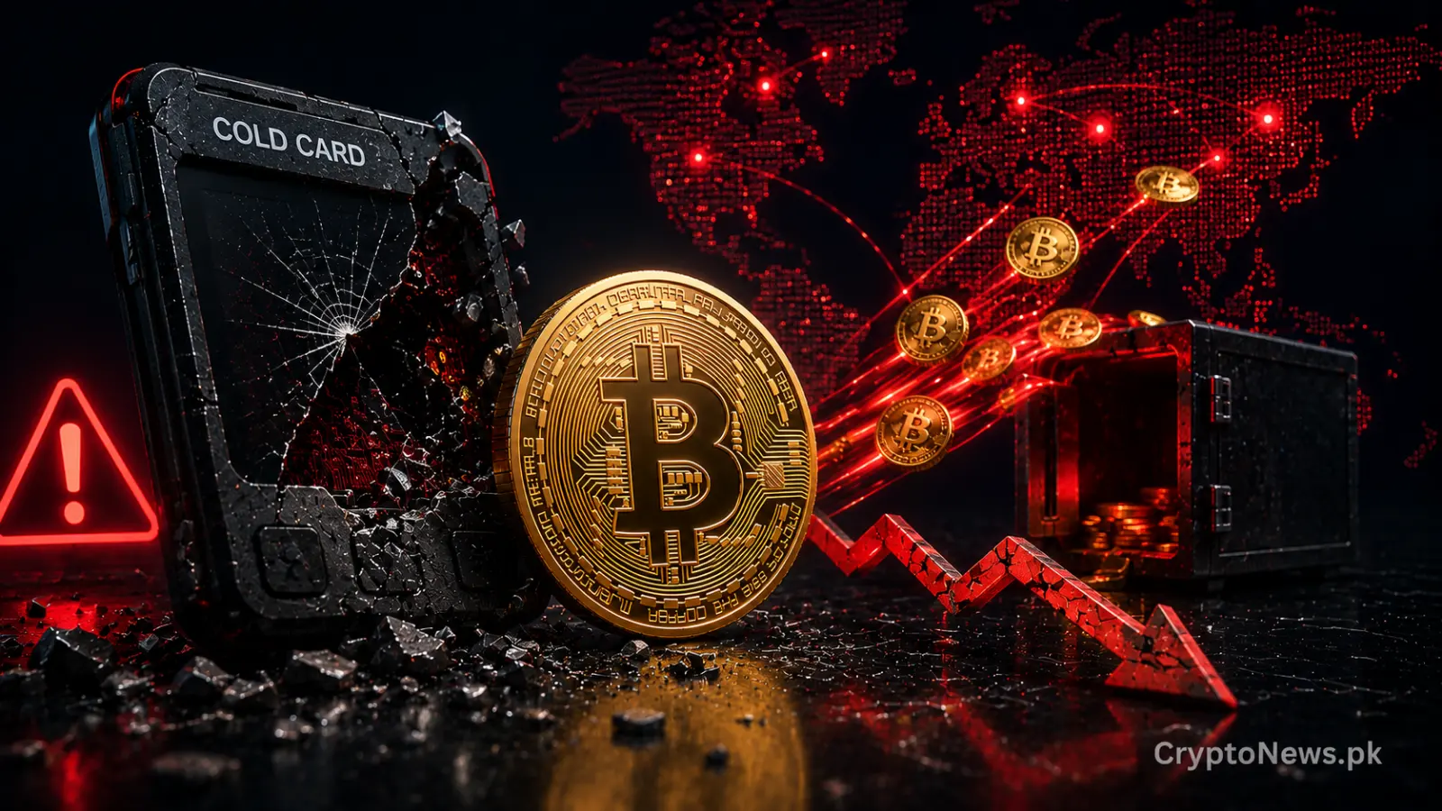 Shattered hardware wallet beside a gold Bitcoin coin and draining vault, illustrating the $88 million Coldcard security breach.