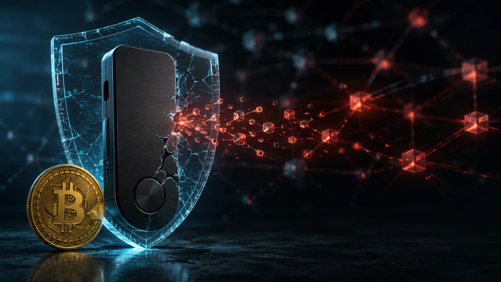 Cracked digital shield and hardware wallet illustrate Bitcoin self-custody risks after the Coldcard breach.