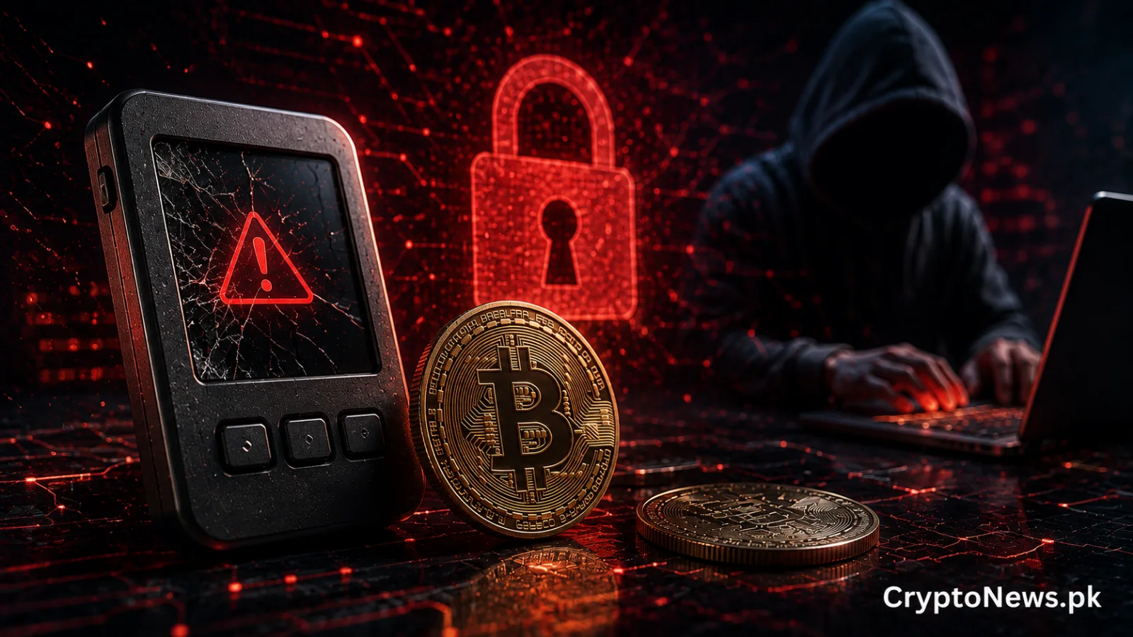A compromised hardware wallet, Bitcoin and a cracked digital shield symbolize the security risks of self-custody and private key protection.