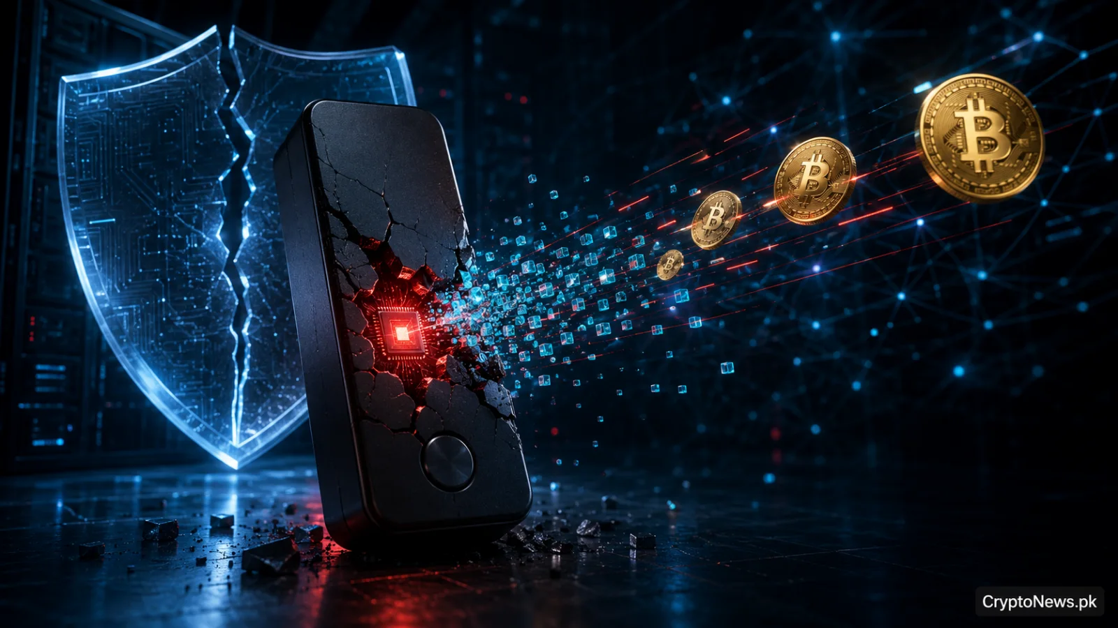 Cracked hardware wallet exposing Bitcoin theft risks caused by a critical firmware vulnerability.