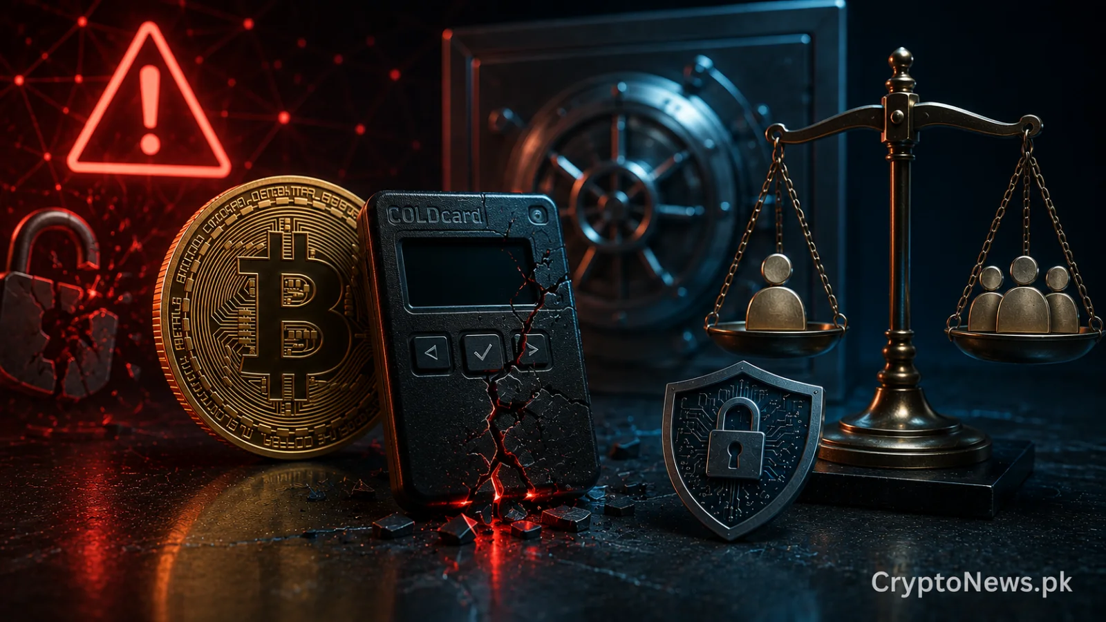 Bitcoin custody security concept showing a vulnerable hardware wallet between self-custody and institutional protection, reflecting the Coldcard security debate