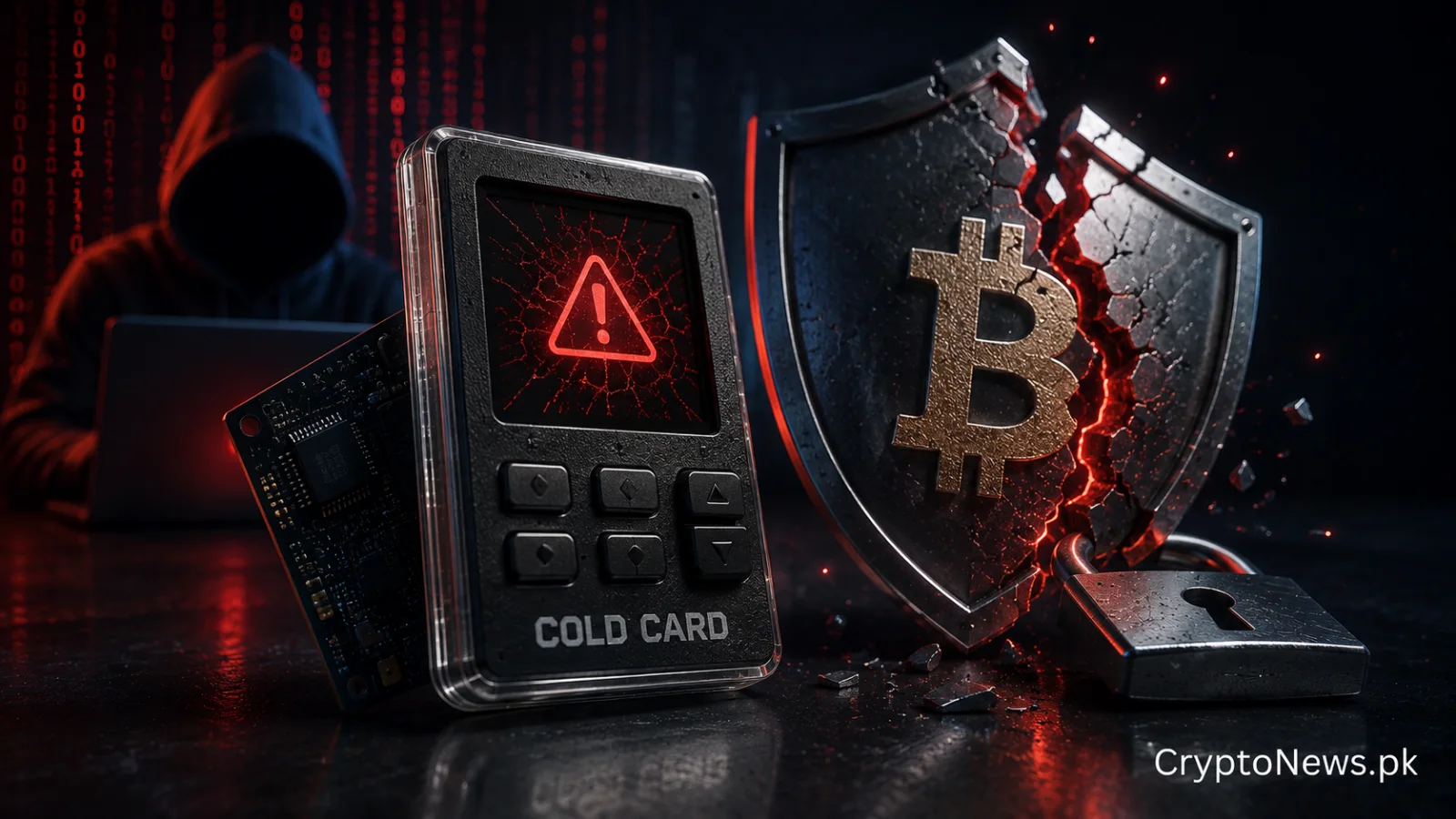 Bitcoin hardware wallet with a cracked entropy core and exposed key pattern, illustrating Coldcard’s randomness flaw and self-custody risks.