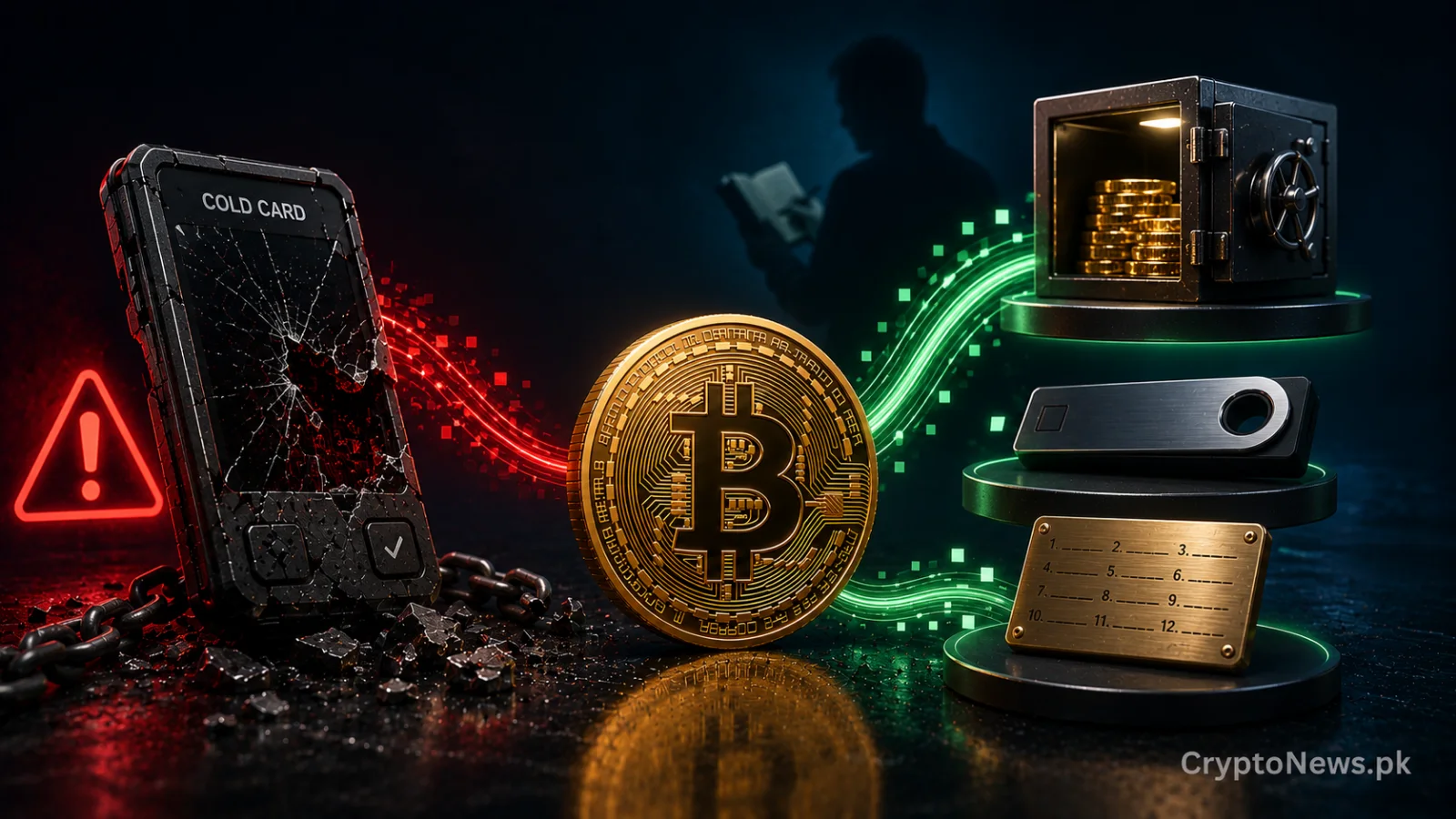 Gold Bitcoin coin between a compromised hardware wallet and alternative custody options, illustrating changing storage habits after the Coldcard vulnerability