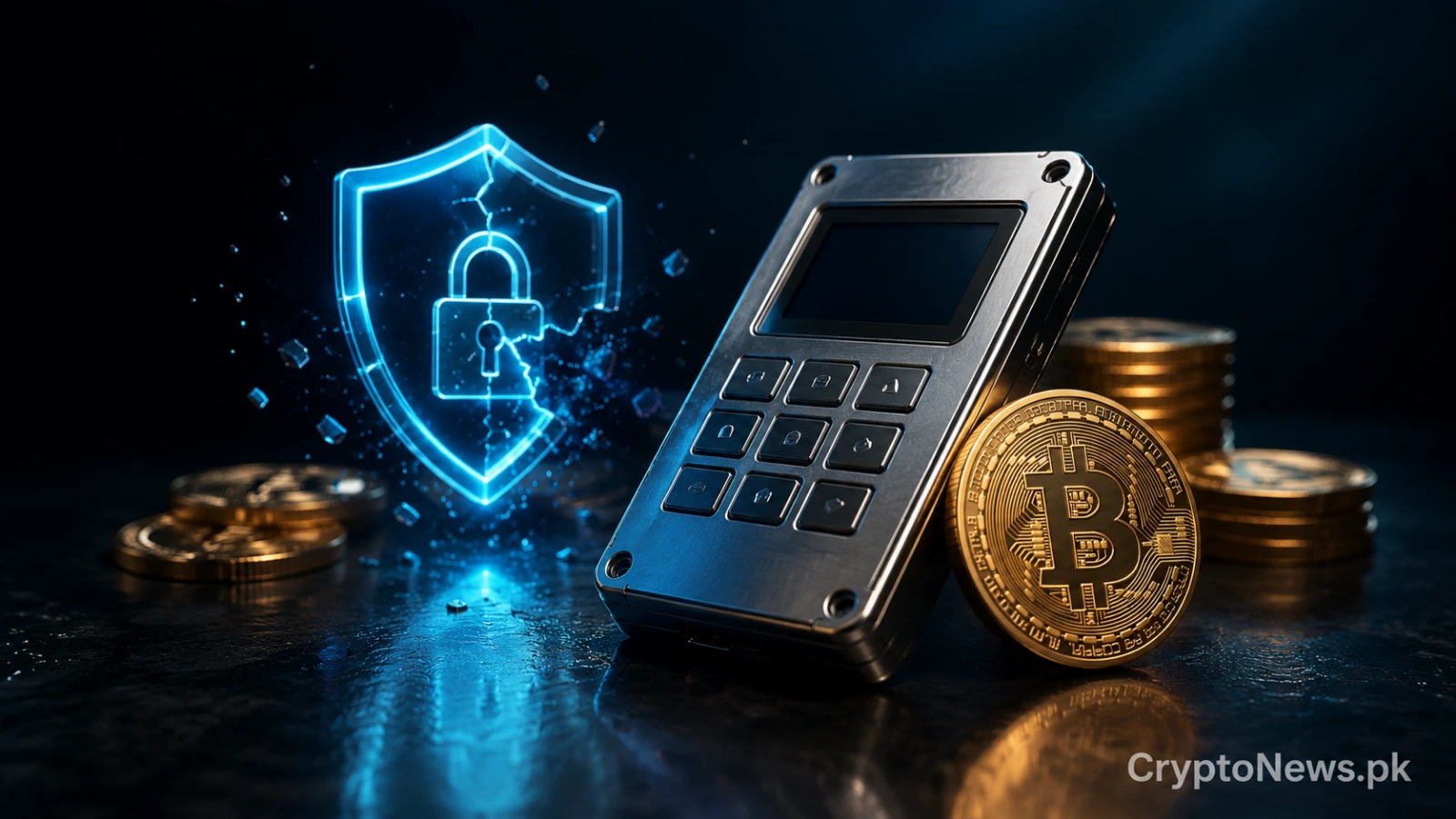 Coldcard hardware wallet beside Bitcoin coins and a cracked digital security shield