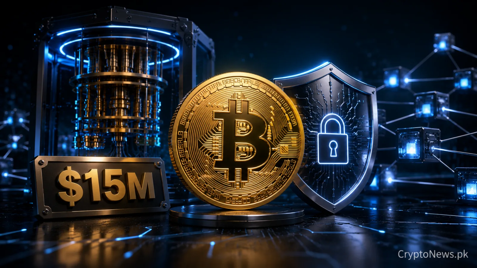 Gold Bitcoin coin protected by a glowing cybersecurity shield beside a quantum computer, representing funding for long-term Bitcoin network security.