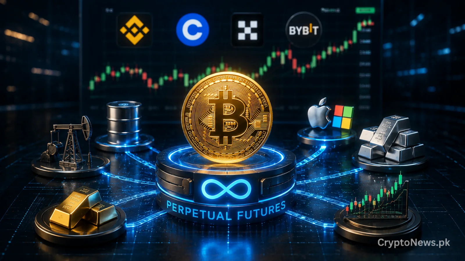 Gold Bitcoin coin connecting traditional assets to a perpetual futures trading interface, illustrating the convergence of crypto exchanges and global markets.