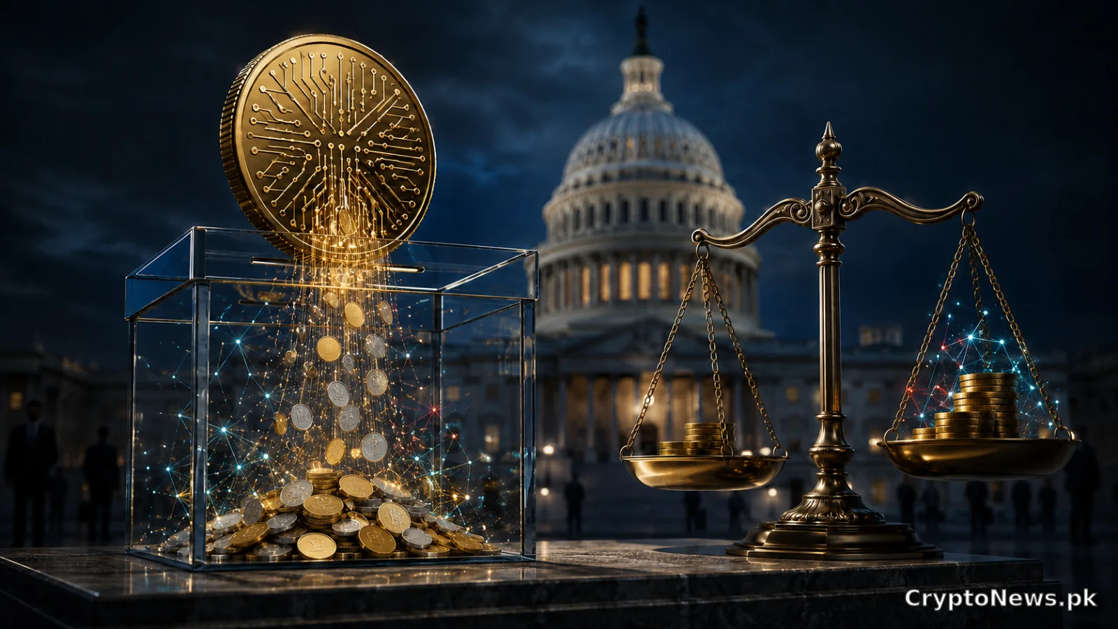Crypto campaign funds flow into a ballot box beside weighted scales and the U.S. Capitol ahead of the 2026 midterms.