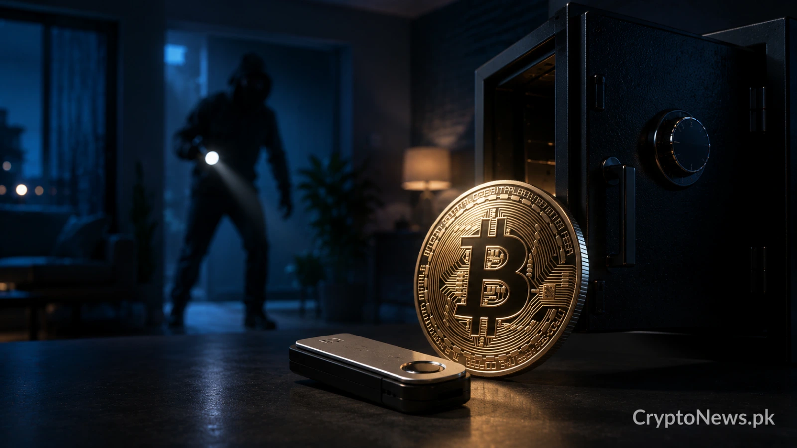 Masked intruder approaching a Bitcoin coin, hardware wallet and open safe, illustrating rising physical attacks on crypto holders.