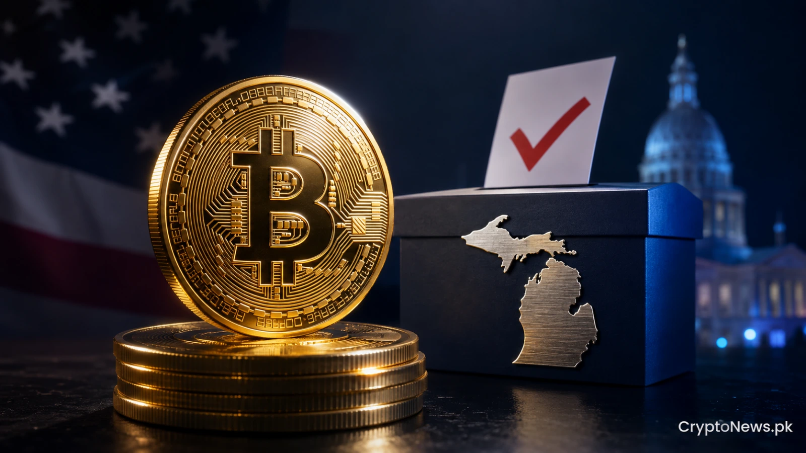 Crypto industry political funding symbolized by a metallic Bitcoin coin beside a U.S. ballot box in Michigan.