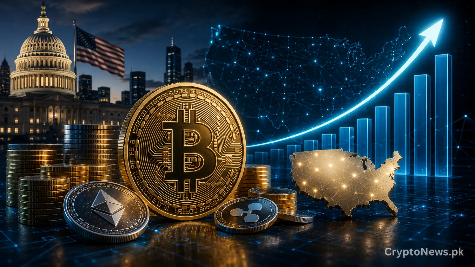 Bitcoin, blockchain infrastructure and a rising US economic chart symbolizing projected crypto industry growth and job creation by 2026.