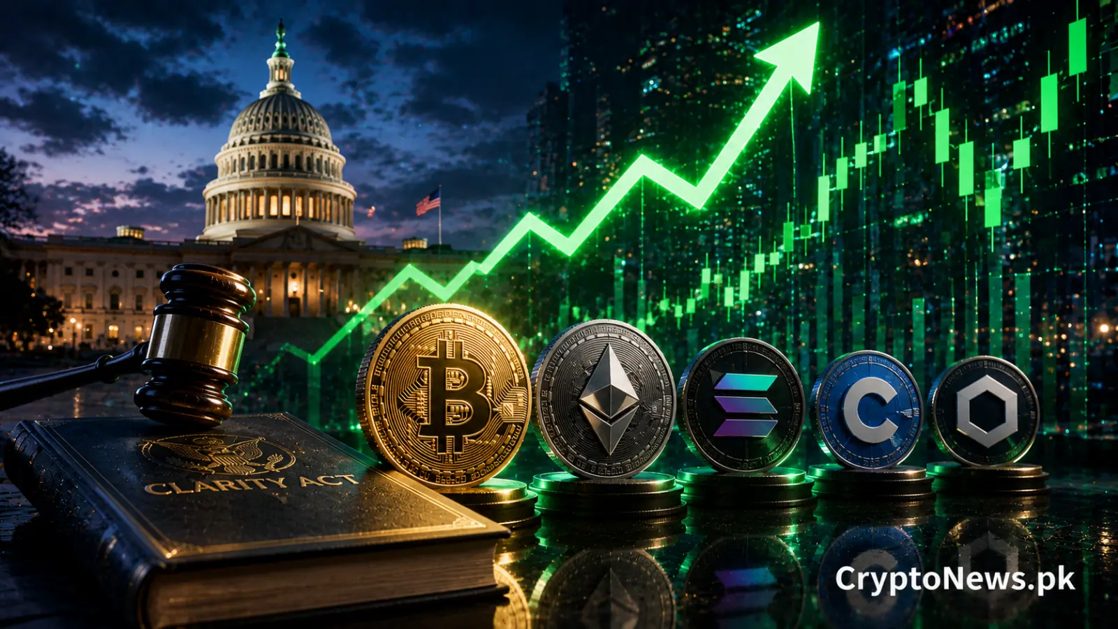 Crypto industry stocks rally beside the U.S. Capitol and a rising market chart ahead of the pivotal CLARITY Act procedural vote.