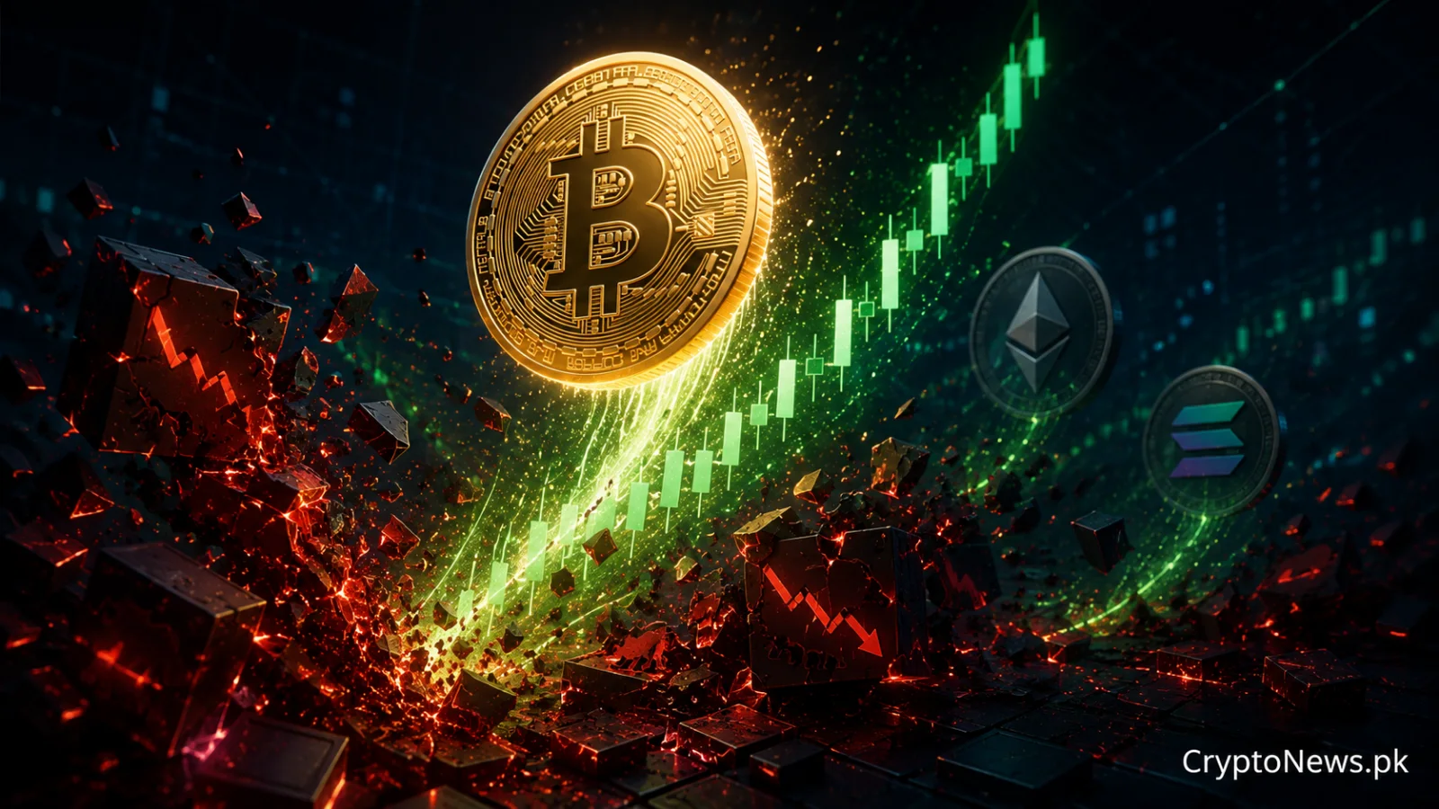 ایک سنہری Bitcoin سبز مارکیٹ چارٹ پر تیزی سے اوپر جا رہا ہے جبکہ کرپٹو شارٹ سکویز کے دوران بیئرش پوزیشنز ختم ہو رہی ہیں۔