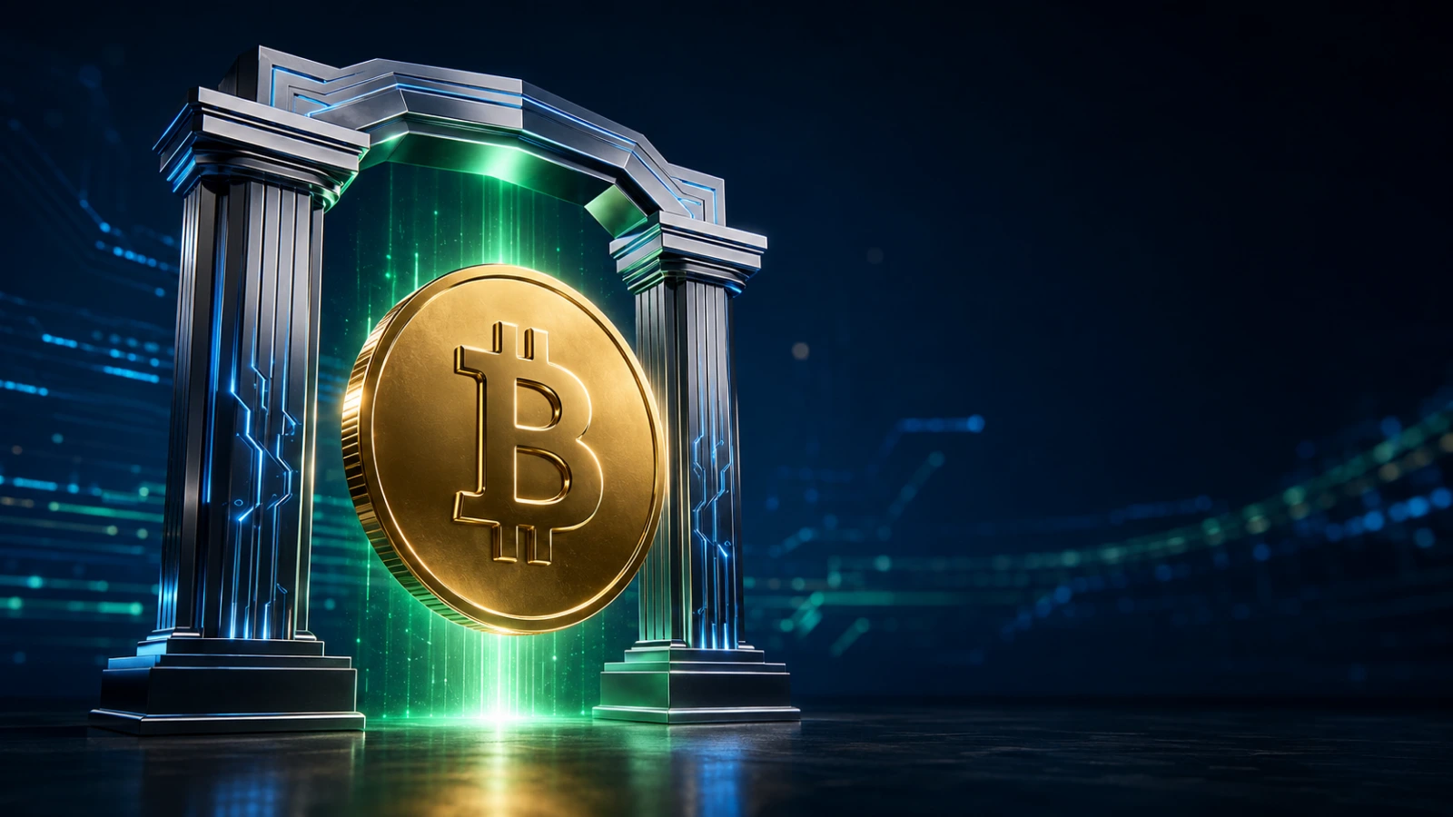: Gold Bitcoin rising through an institutional gateway as legislation and Asian tech recovery lift crypto markets.