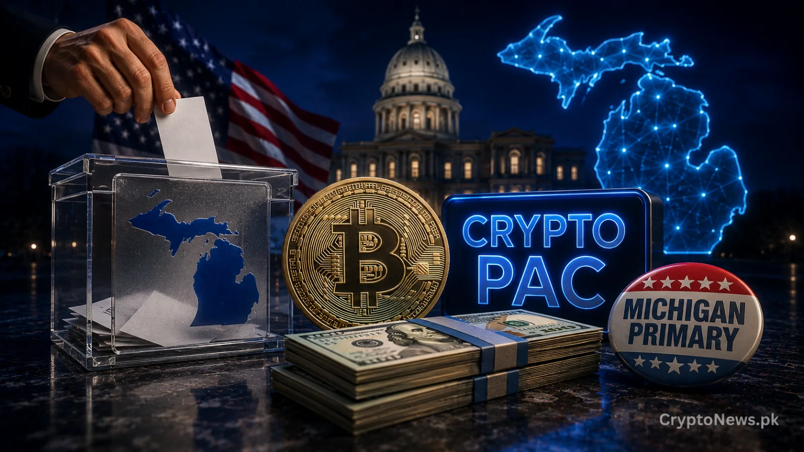 Bitcoin, campaign funds, and a Michigan ballot box symbolizing a crypto PAC’s $1 million investment in the Democratic primary.