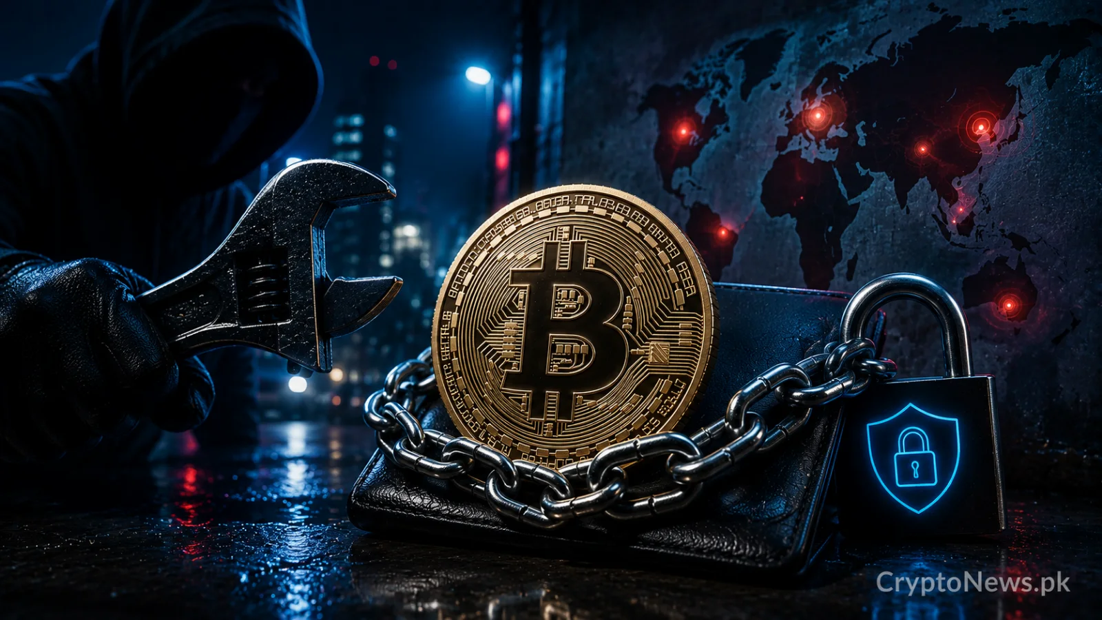 Hooded attacker holding a wrench beside a chained Bitcoin wallet, illustrating the global rise in physical crypto attacks.