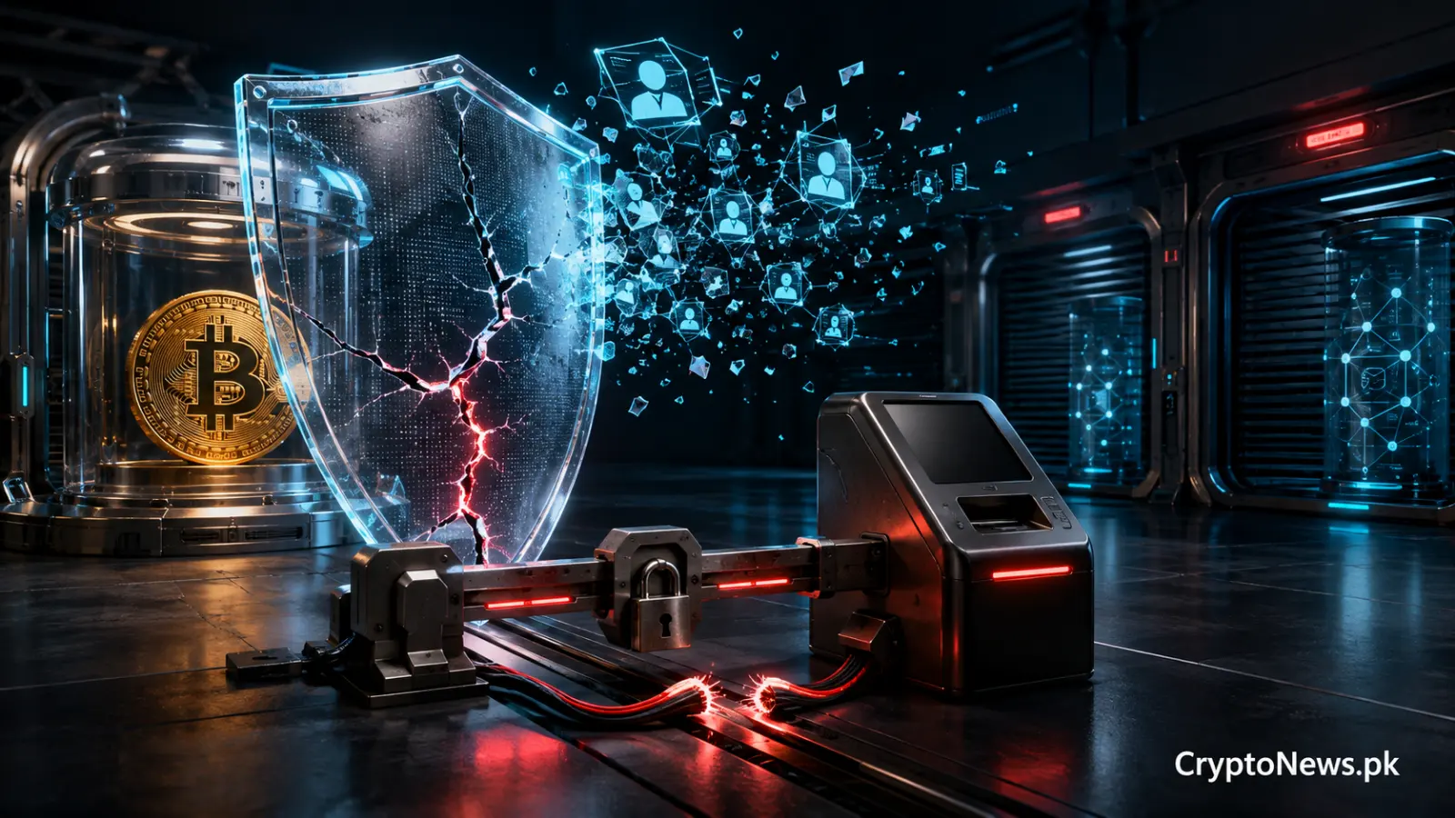 A protected Bitcoin vault behind a cracked data shield as purchases are suspended following a security breach.
