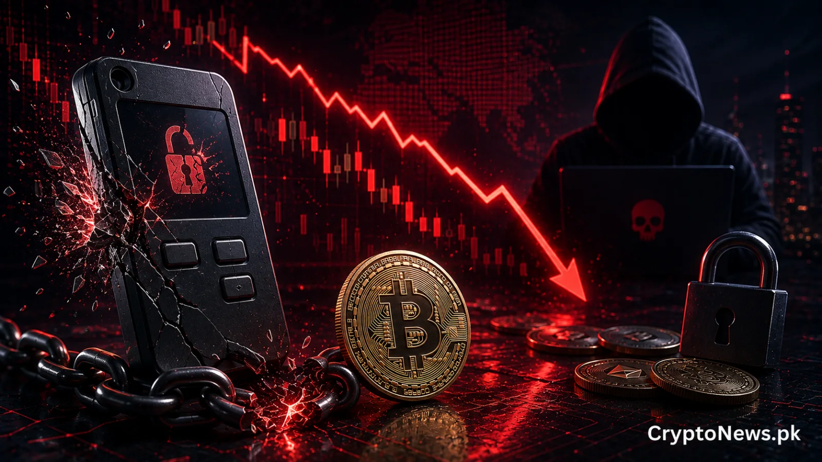 Bitcoin, a compromised hardware wallet and a cracked digital shield symbolize July’s $247 million crypto losses following the Coldcard security breach.