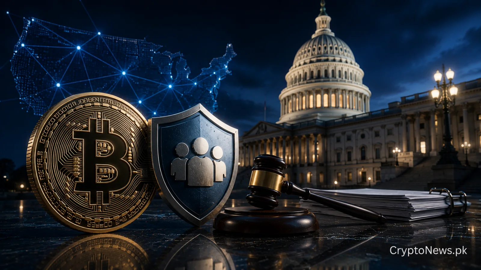Bitcoin, a judge’s gavel and the U.S. Capitol symbolize an anonymous anti-crypto lobbying campaign in Washington.