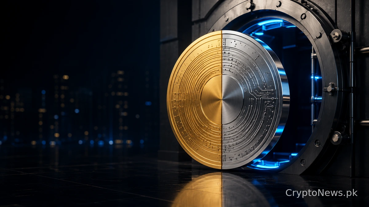 ایک ادارہ جاتی والٹ میں داخل ہوتا ہوا سونے اور کروم کا تمغہ جو Crypto.com کی فنڈنگ اور توسیع کی علامت ہے۔