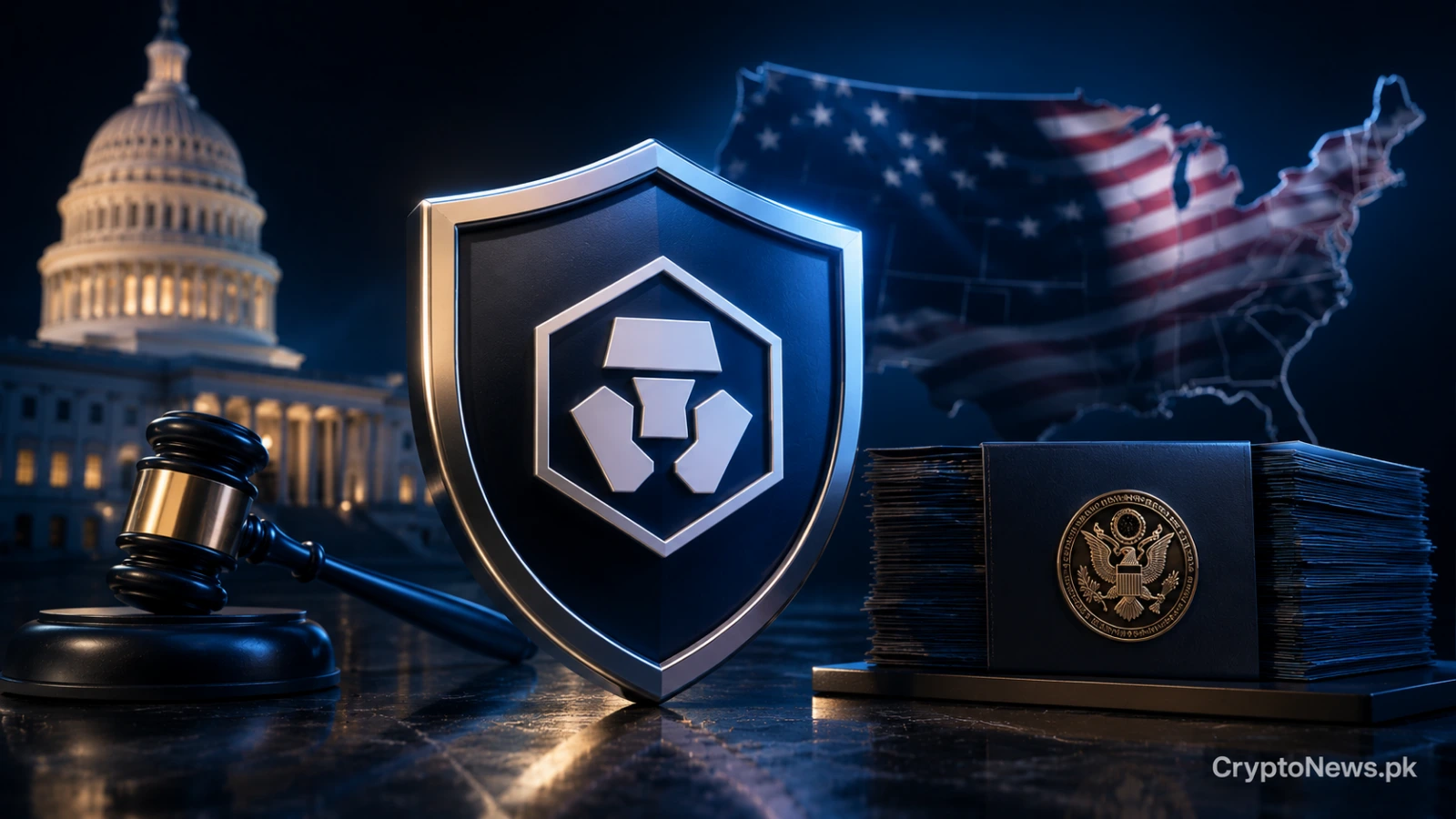Crypto.com shield beside a judge’s gavel and the U.S. Capitol, representing a major regulatory milestone amid political change