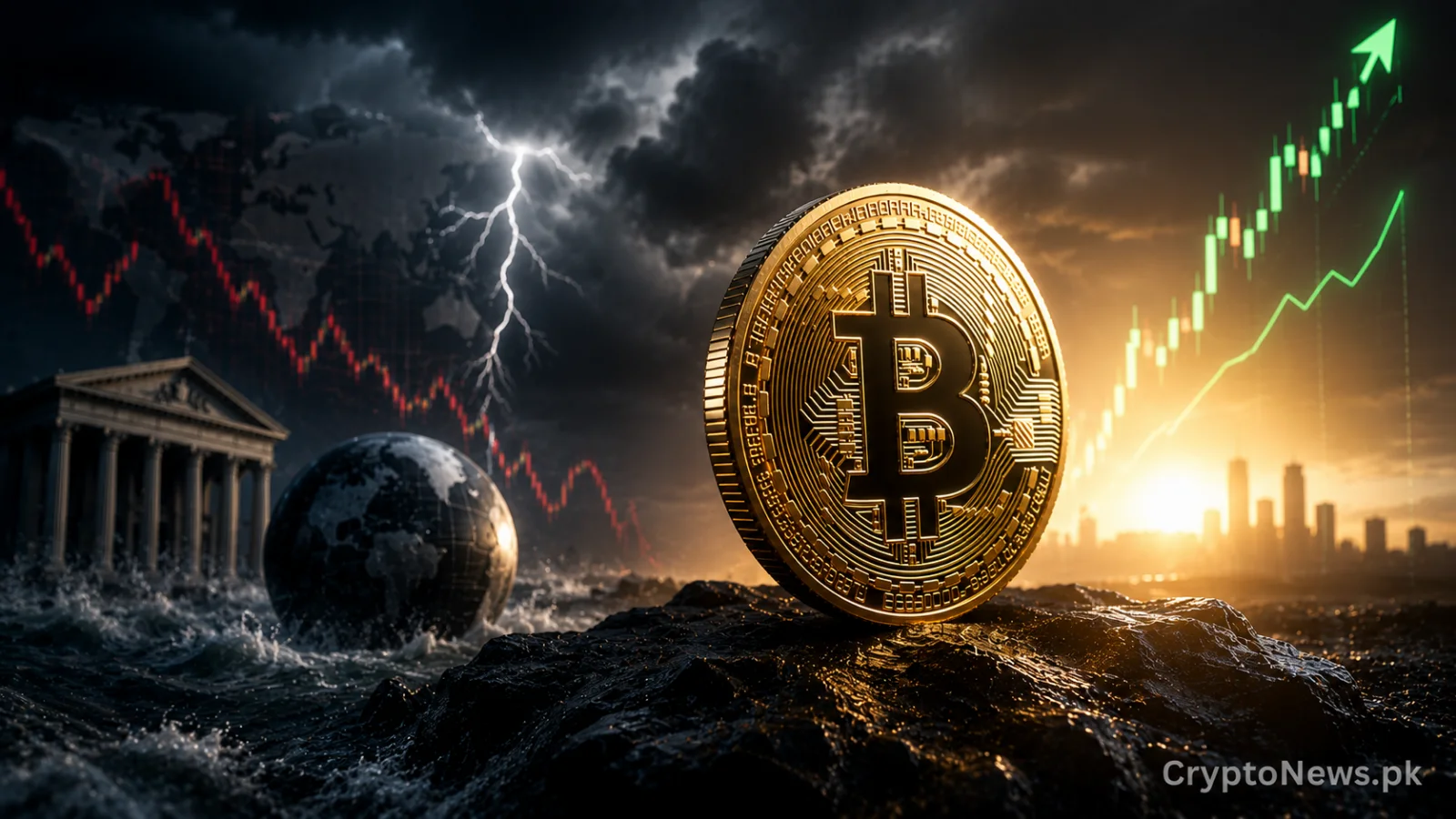 Golden Bitcoin standing firm against global macroeconomic turbulence, symbolizing cryptocurrency market resilience.