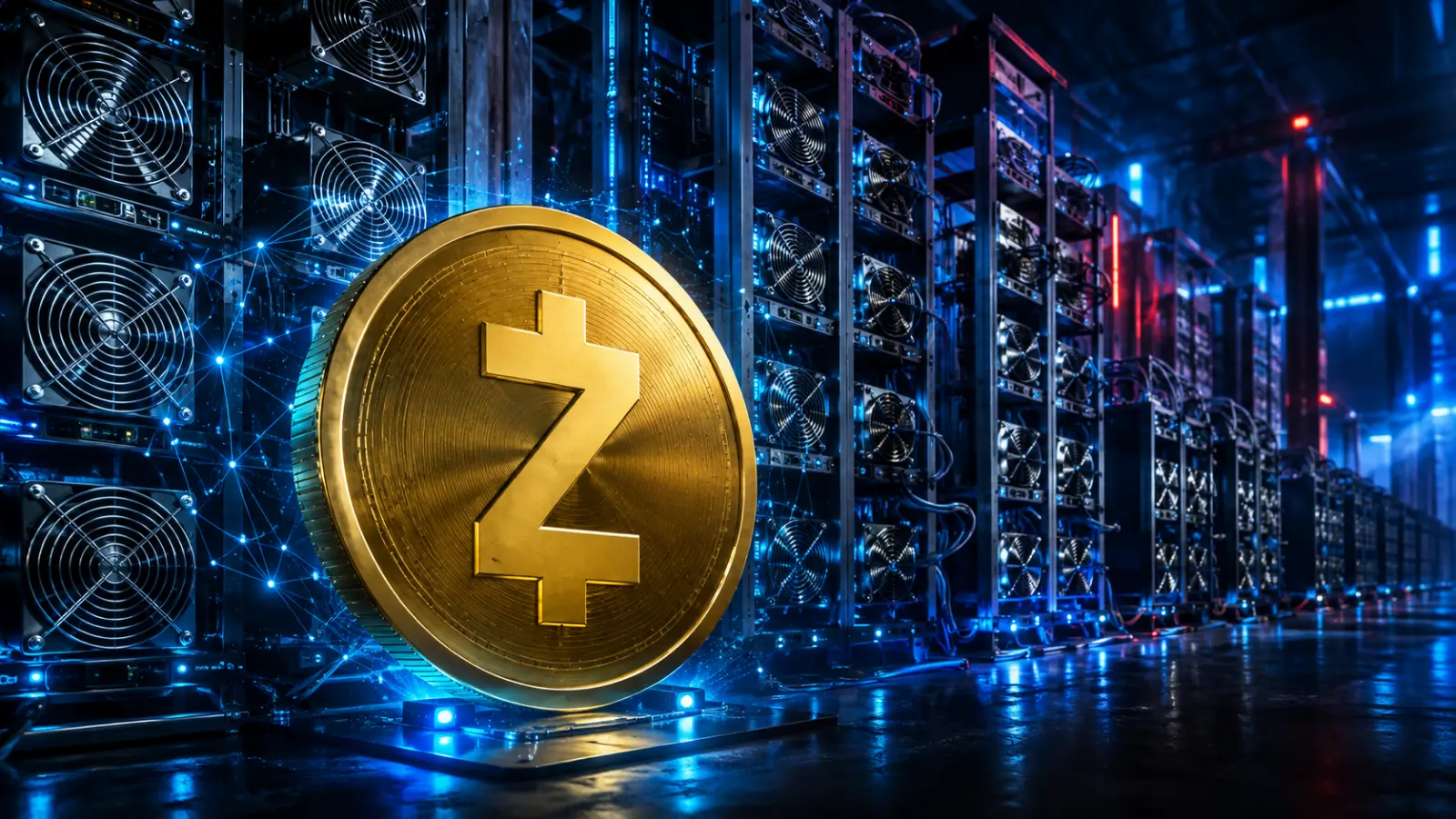 Zcash coin inside a large blue-lit cryptocurrency mining facility operated by Cypherpunk Technologies.