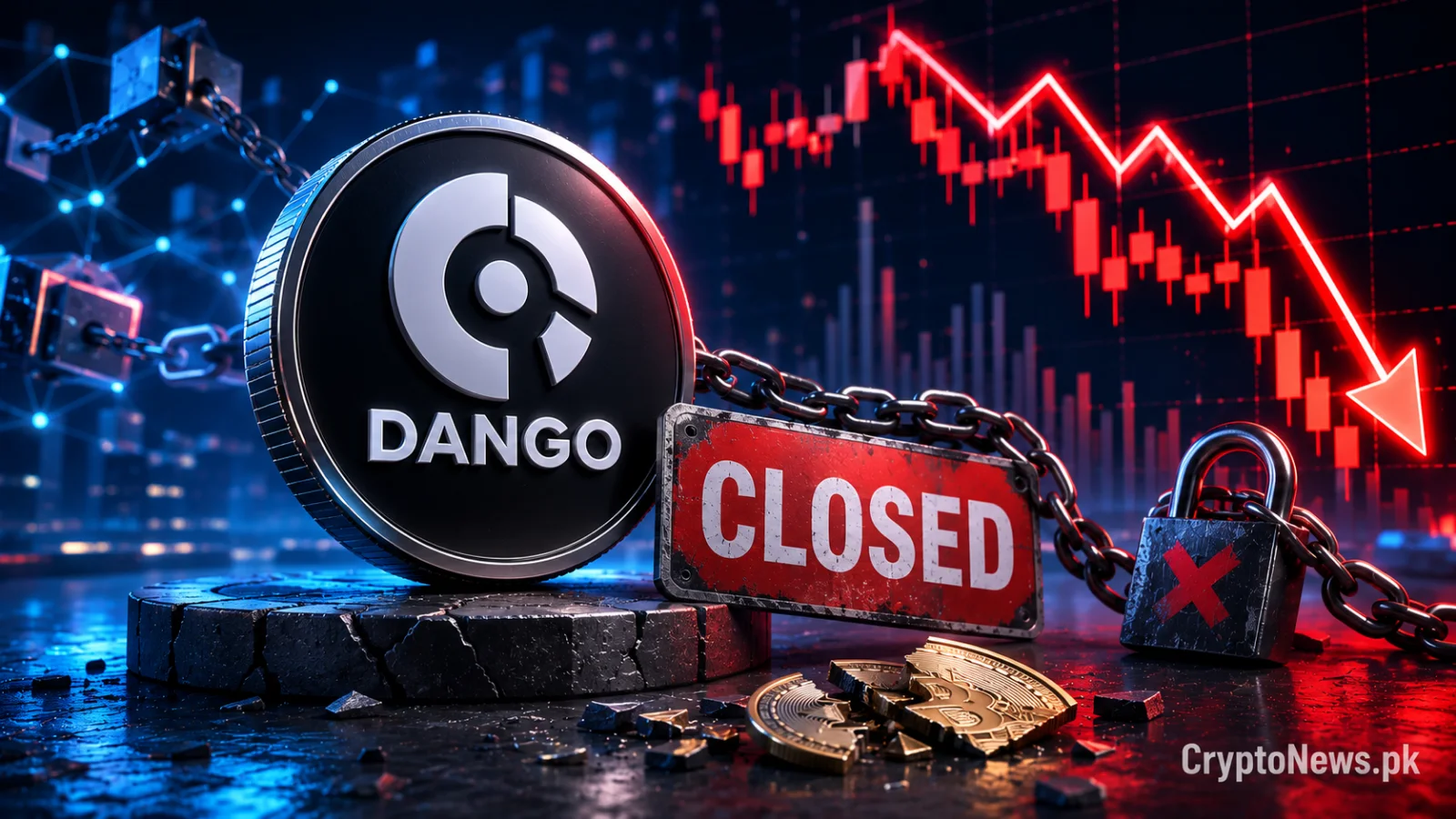 Dark metallic decentralized exchange vault shutting down as liquidity drains away, symbolizing Dango’s sudden closure and DeFi platform risk.