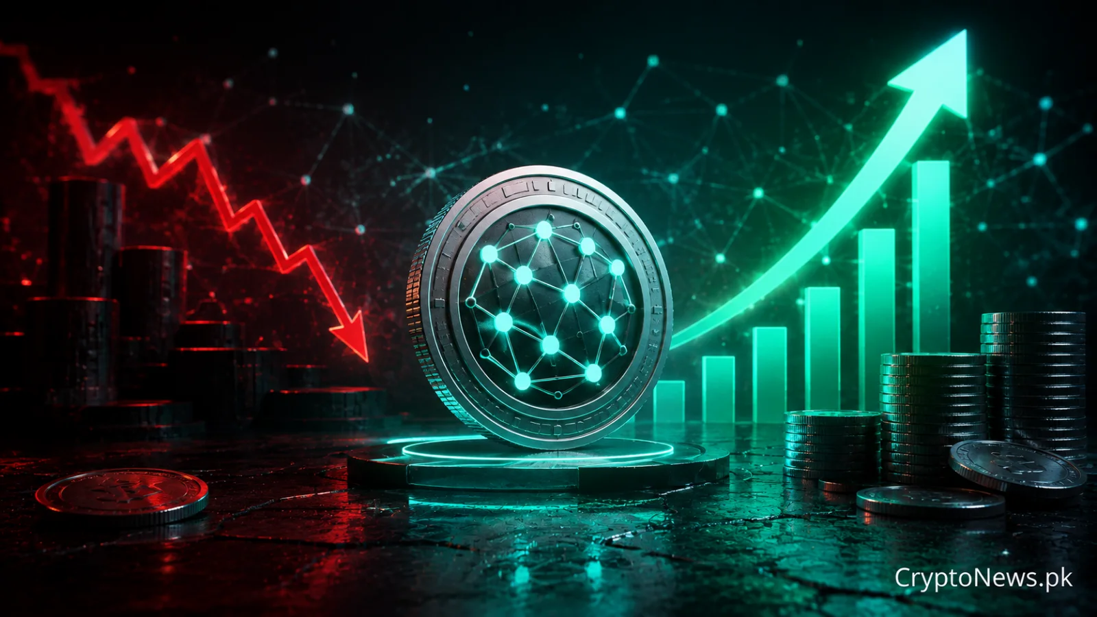 A glowing decentralized exchange network rising above a fading centralized trading platform as DEX market share reaches a record high.