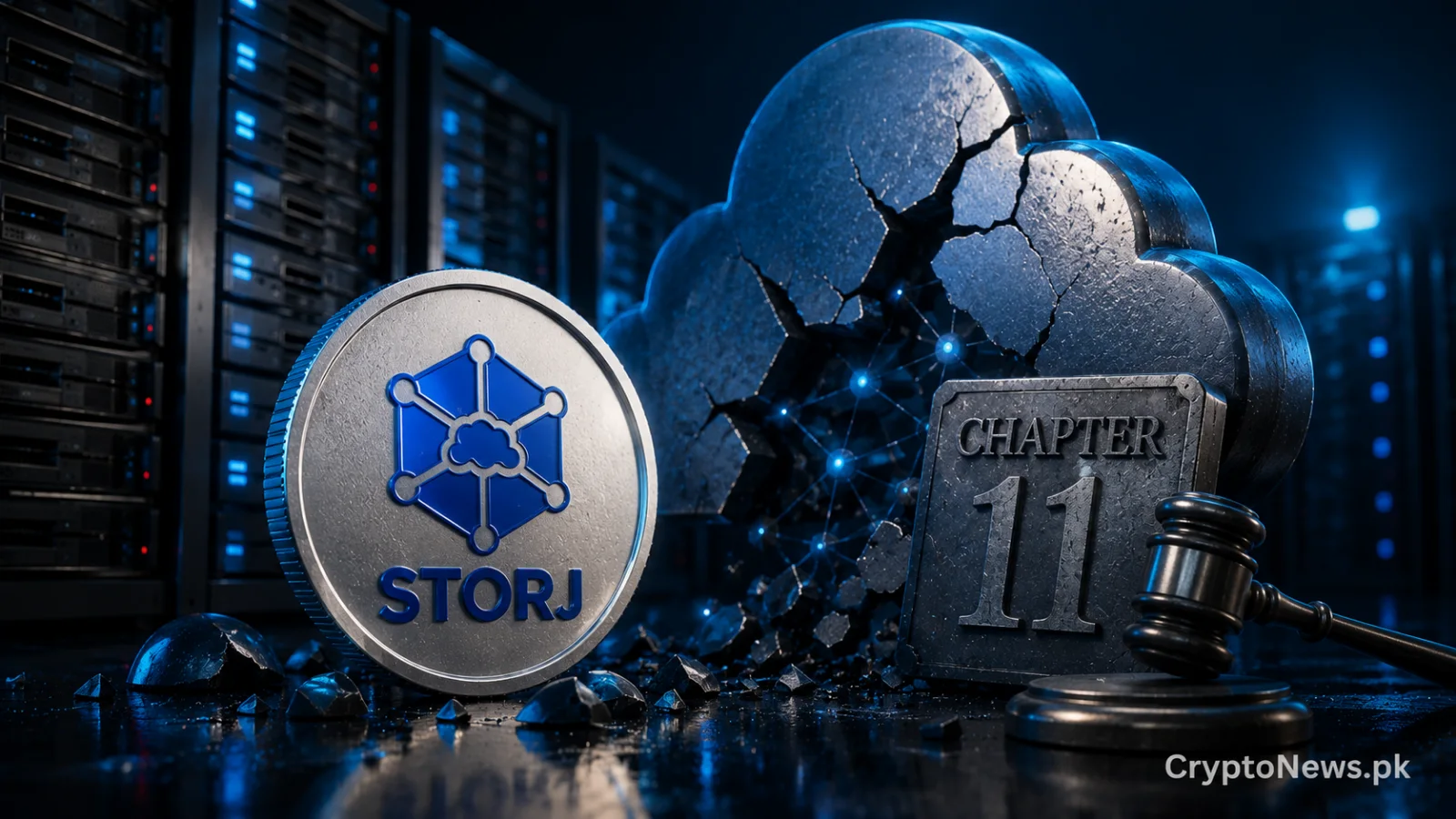 Metallic STORJ token beside a protected decentralized storage network under bankruptcy restructuring.