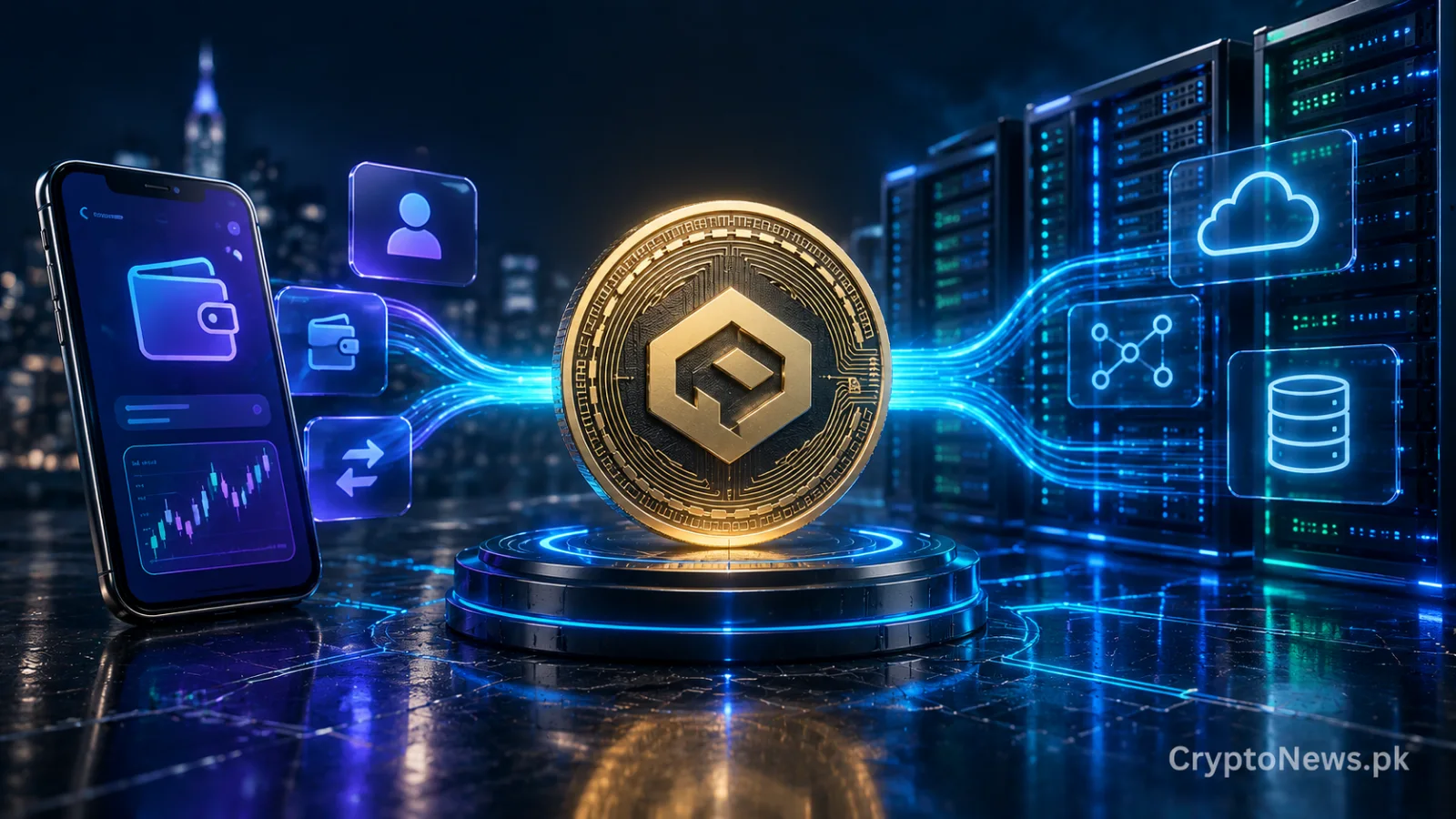 Gold DeFi token connecting a consumer wallet app to institutional servers, symbolizing the shift toward enterprise backend infrastructure