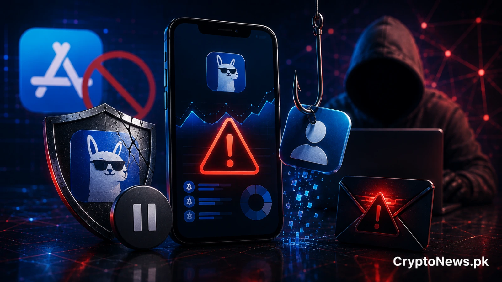 DeFiLlama delays its mobile app launch amid Apple App Store phishing concerns, illustrated by a smartphone, security warning and phishing hook.