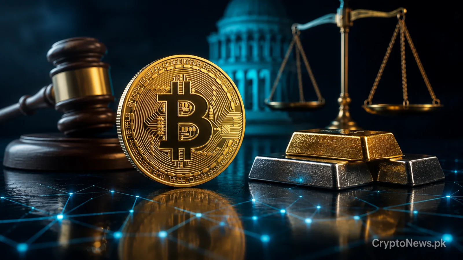 Gold Bitcoin coin balanced on regulatory scales, symbolizing the distinction between digital commodities and securities in evolving crypto law.