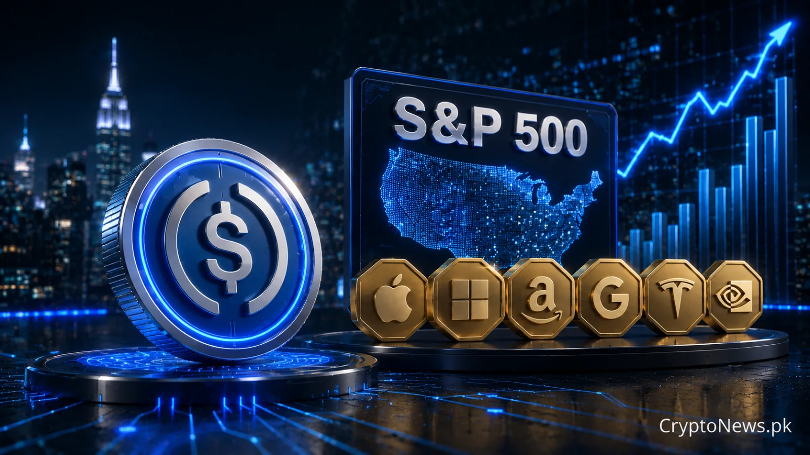 A metallic USDC coin beside tokenized S&P 500 equities, symbolizing Dinari’s expansion into blockchain-based stock access