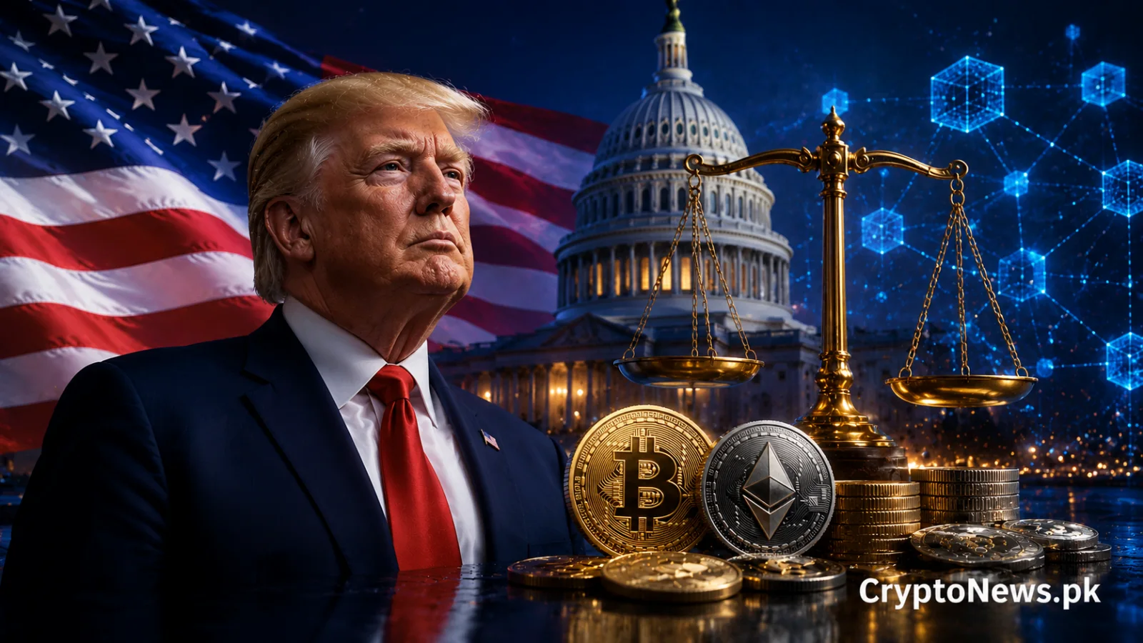 Donald Trump with the U.S. Capitol, scales of justice and crypto assets, illustrating his push for the CLARITY Act to strengthen U.S. crypto leadership.