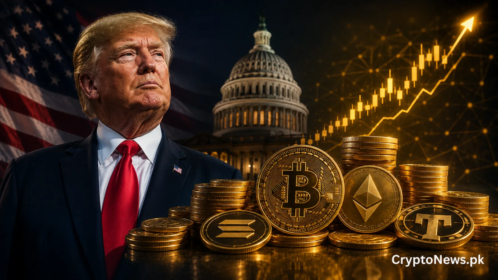 Donald Trump with Bitcoin and other crypto assets near the U.S. Capitol, representing his disclosed $1.4 billion in crypto earnings and legislative scrutiny.